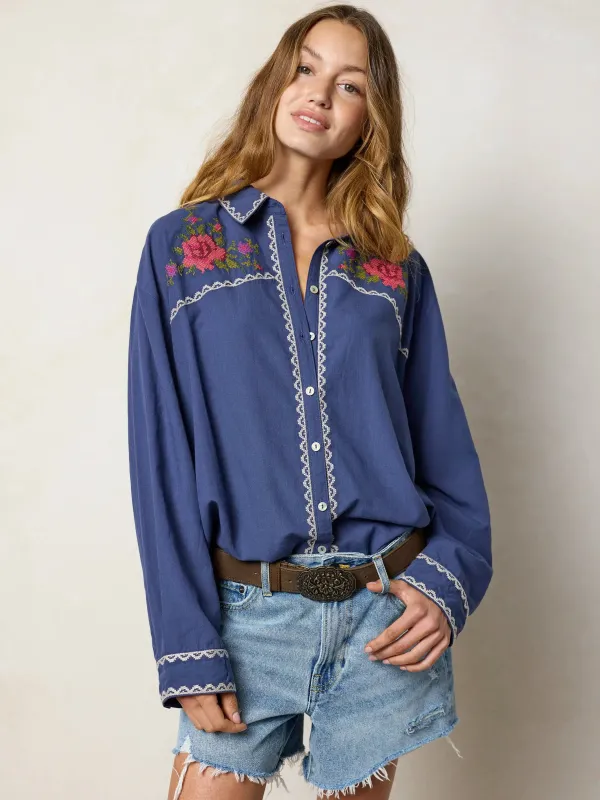 Round Top Embroidered Button Down - Indigo made by NATURAL LIFE