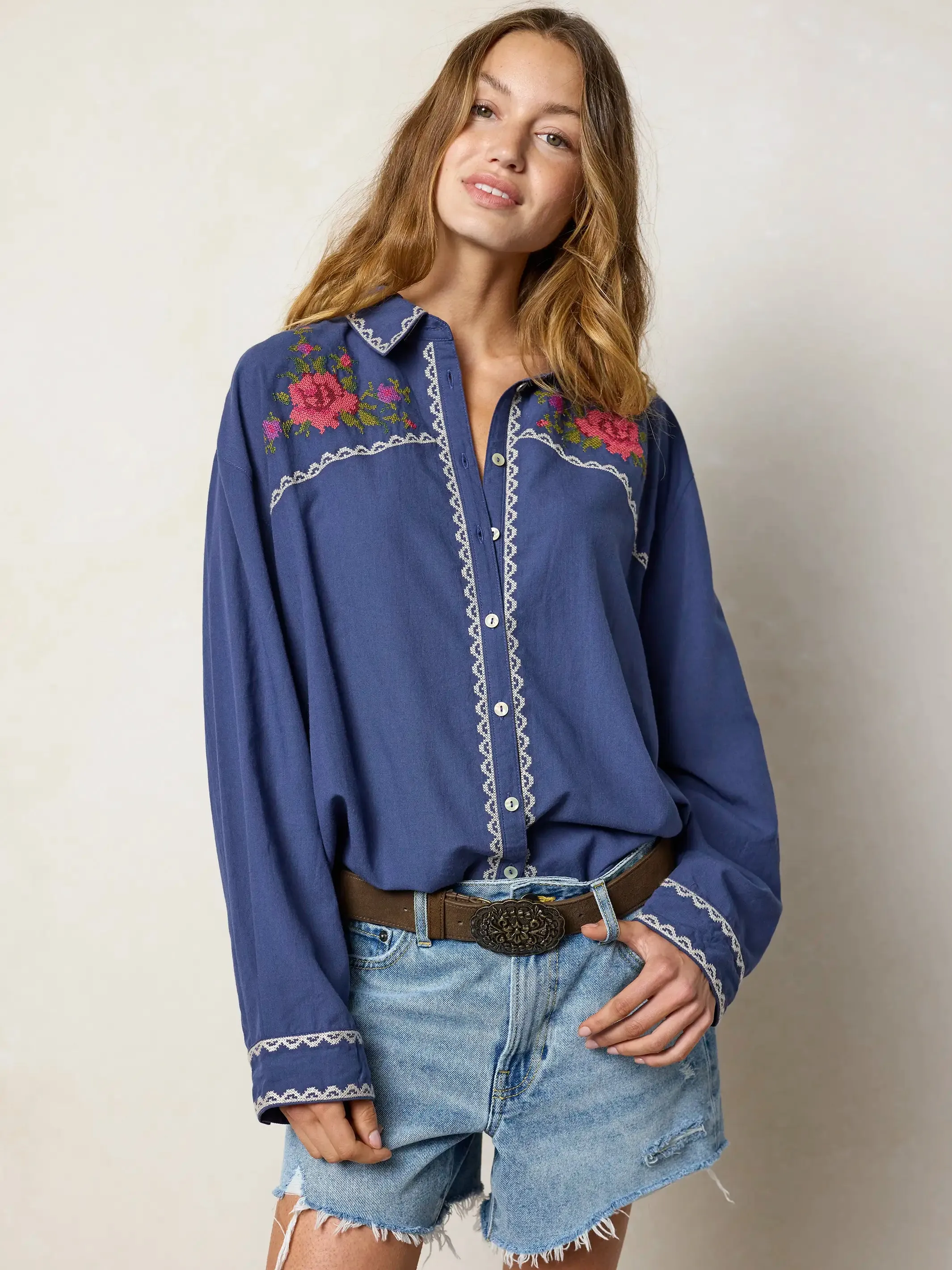 Round Top Embroidered Button Down - Indigo sold by NATURAL LIFE