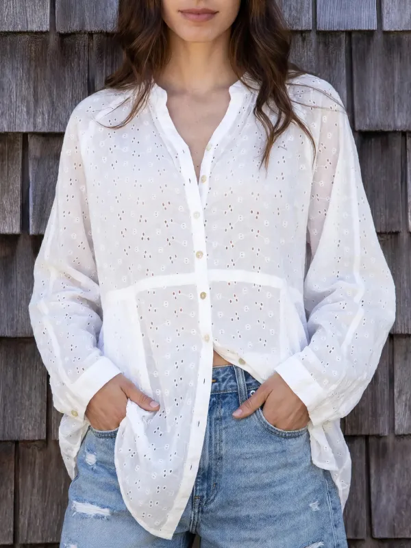 Laid Back Cotton Eyelet Button Down Top - White made by NATURAL LIFE