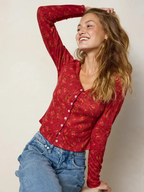 Pretty Pointelle Long Sleeve Top - Porto Ditsy Red made by NATURAL LIFE