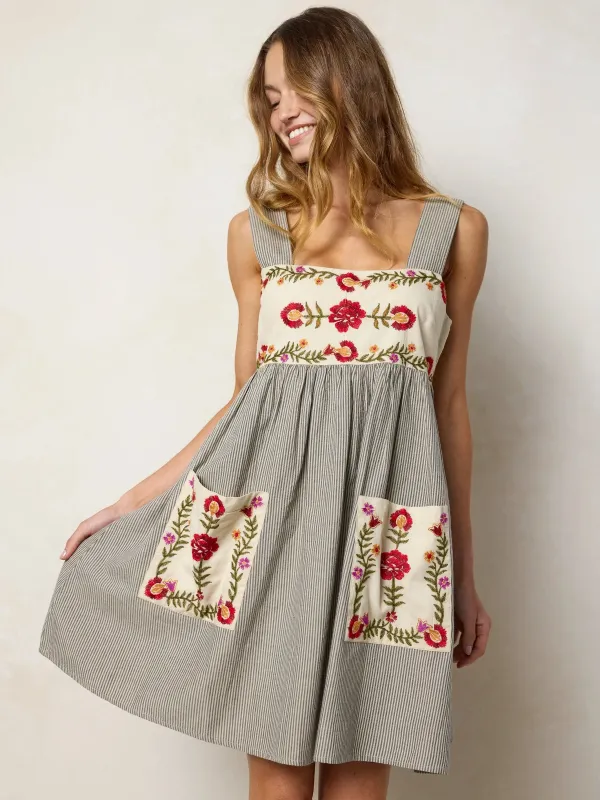 Memory Lane Smocked Cotton Embroidered Mini Dress - Ticking Stripe Navy made by NATURAL LIFE