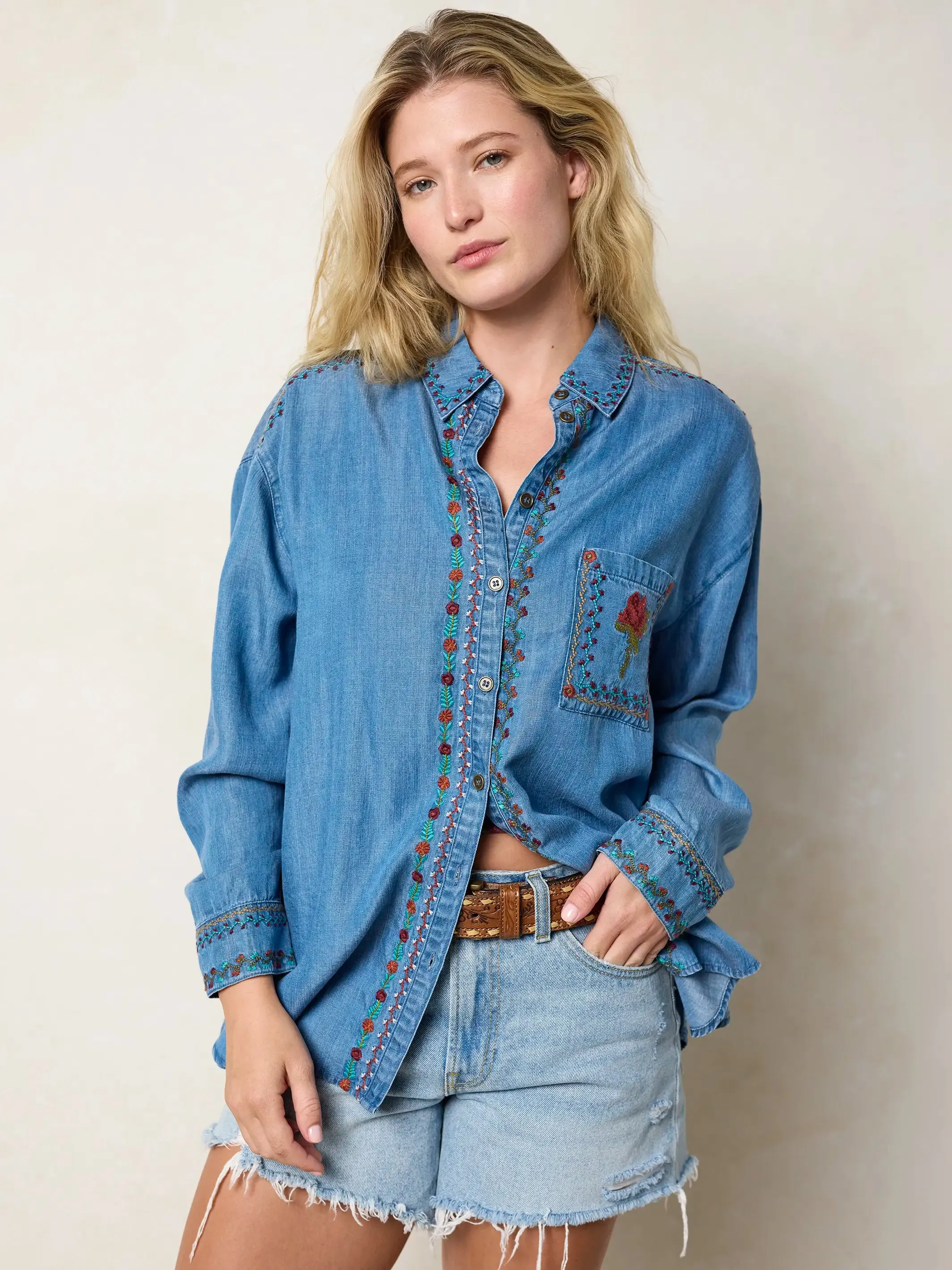 Dutton Embroidered Button Down - Denim sold by NATURAL LIFE product image thumbnail 4