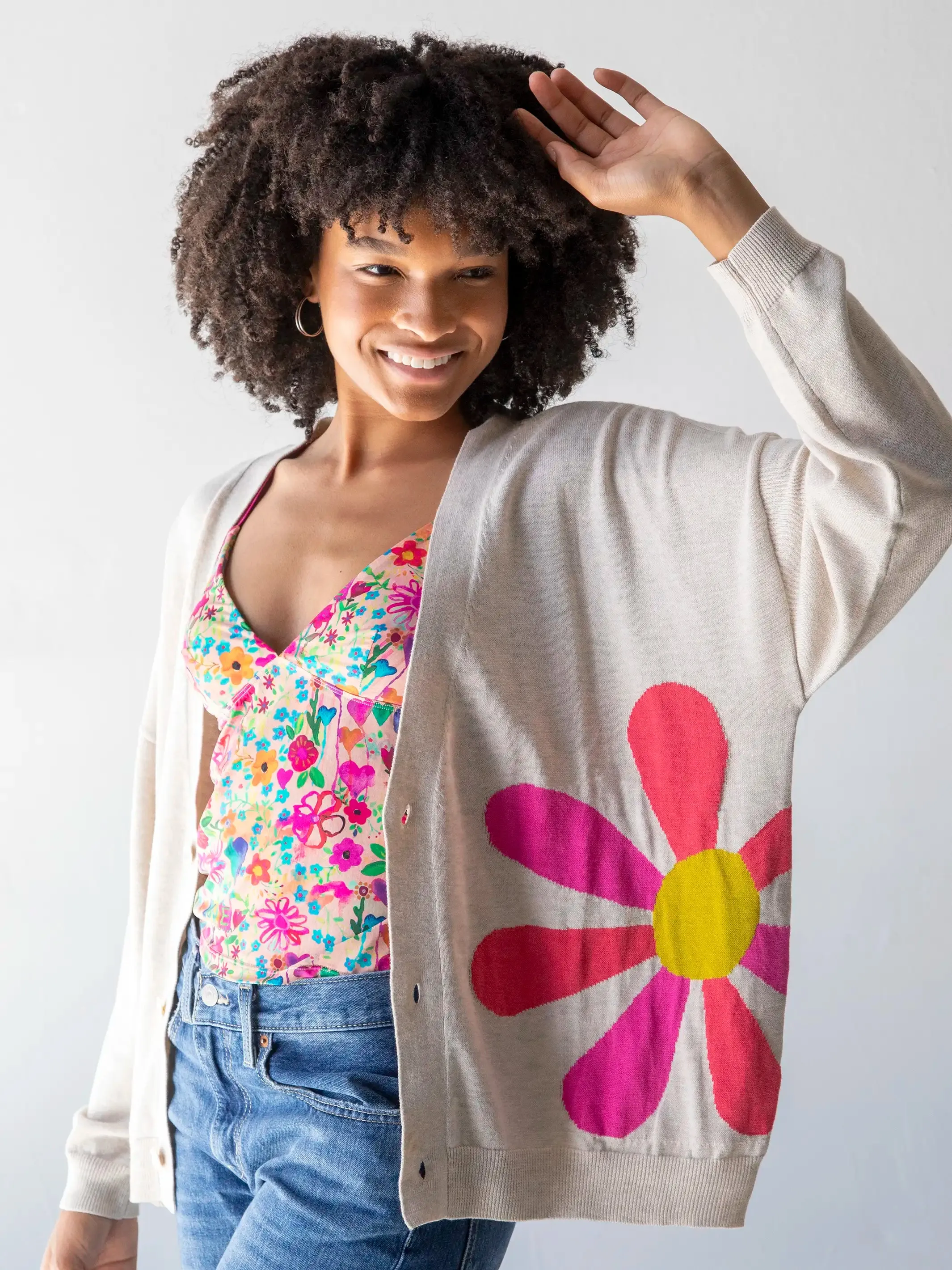 Live Happy Cotton Cardigan Sweater - Cream Daisy sold by NATURAL LIFE product image thumbnail 2