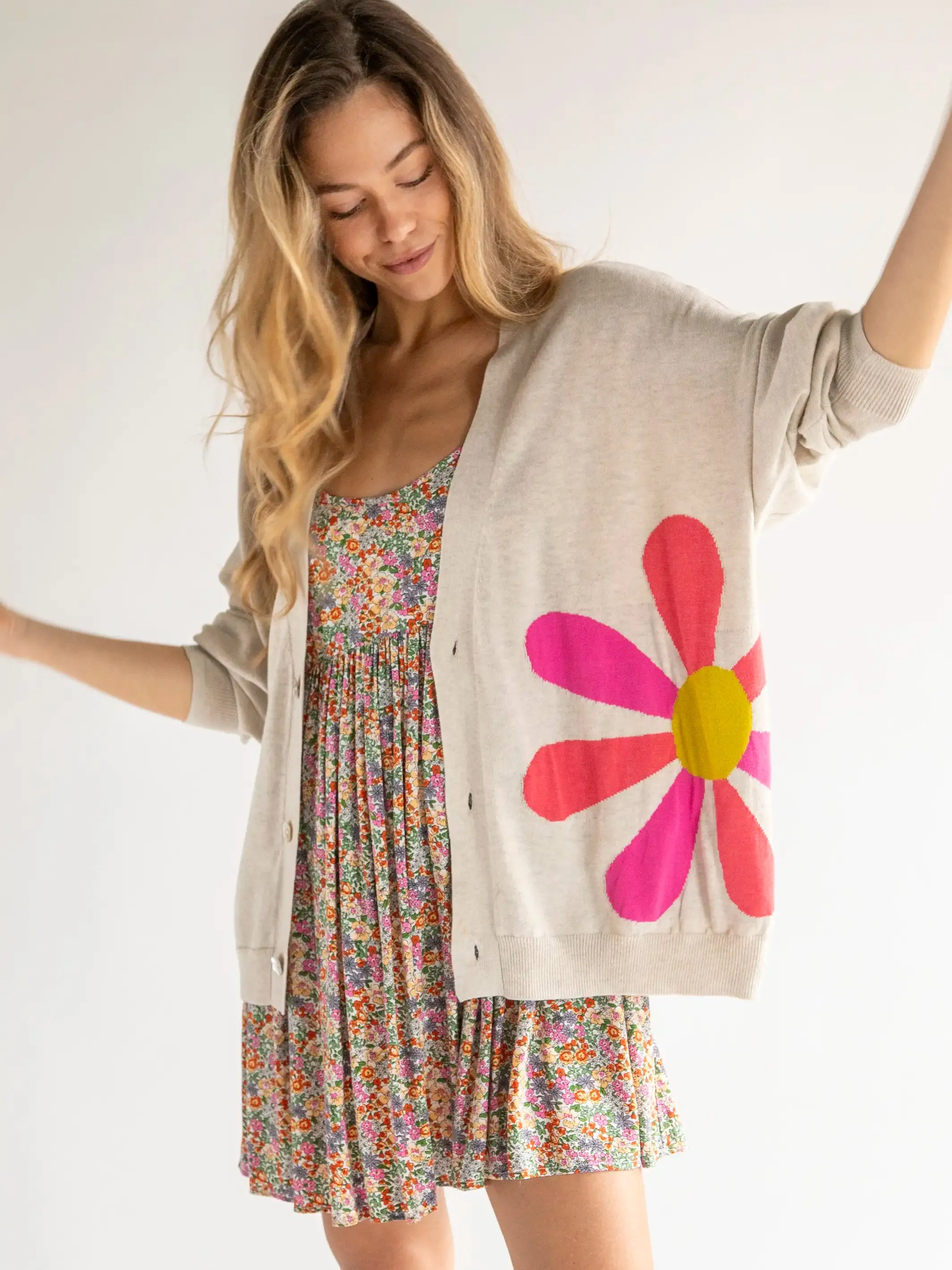 Live Happy Cotton Cardigan Sweater - Cream Daisy sold by NATURAL LIFE