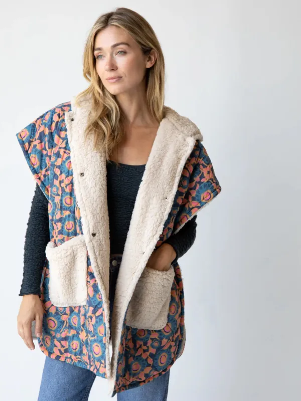 Camp Cape Sherpa Poncho - Teal Dahlias sold by NATURAL LIFE