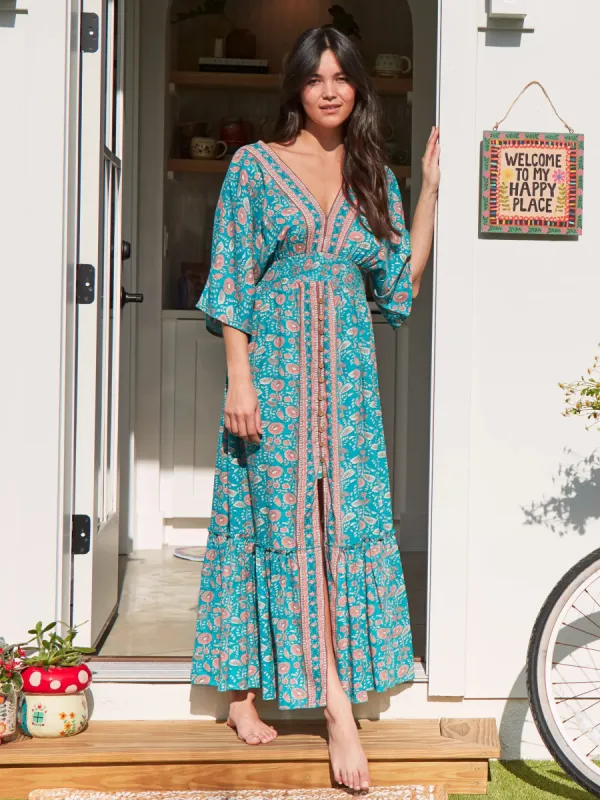 Celia Maxi Dress - Teal Floral Vines made by NATURAL LIFE