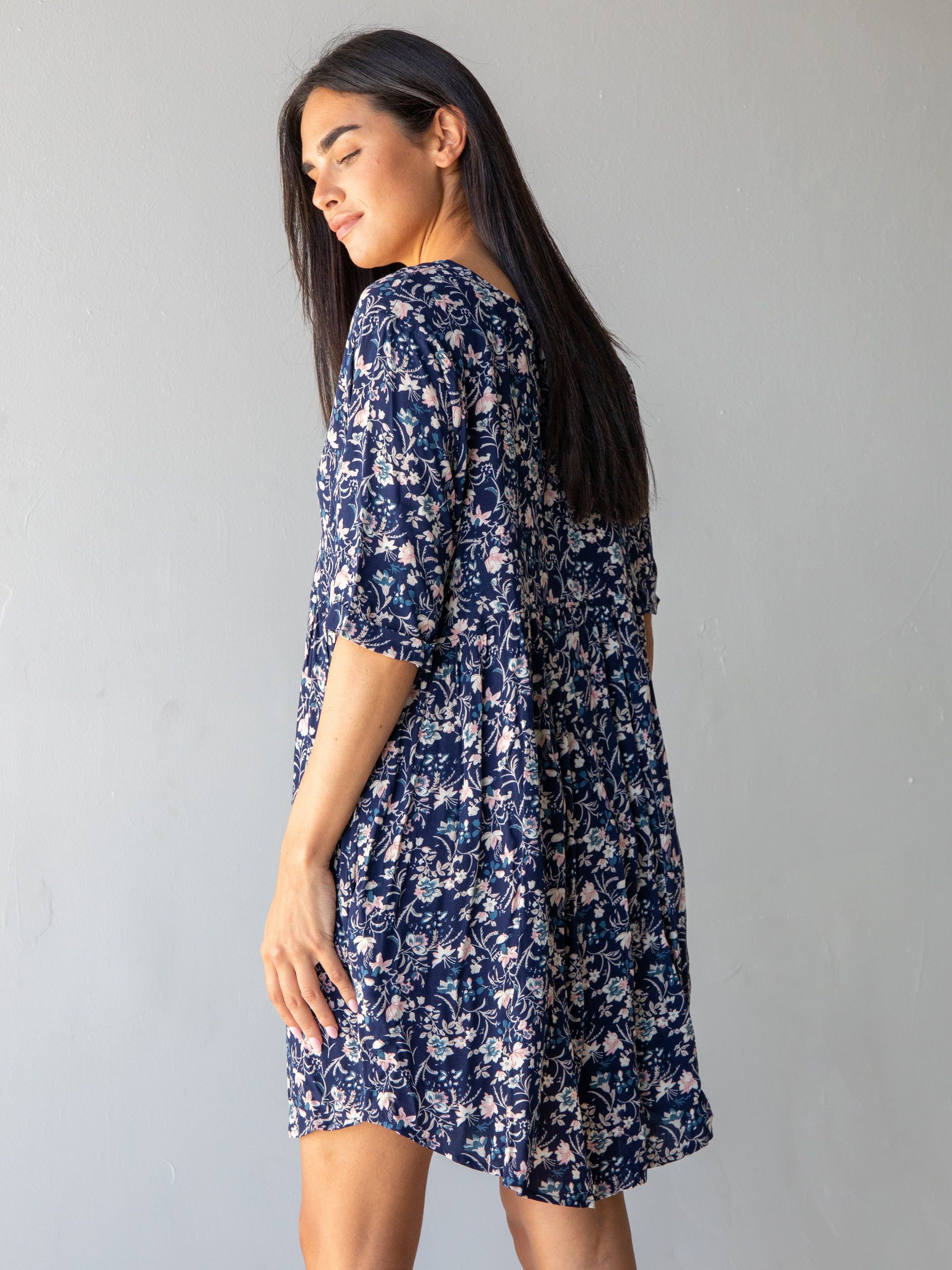 Stella V-Neck Dress - Navy Tan Floral sold by NATURAL LIFE product image thumbnail 2