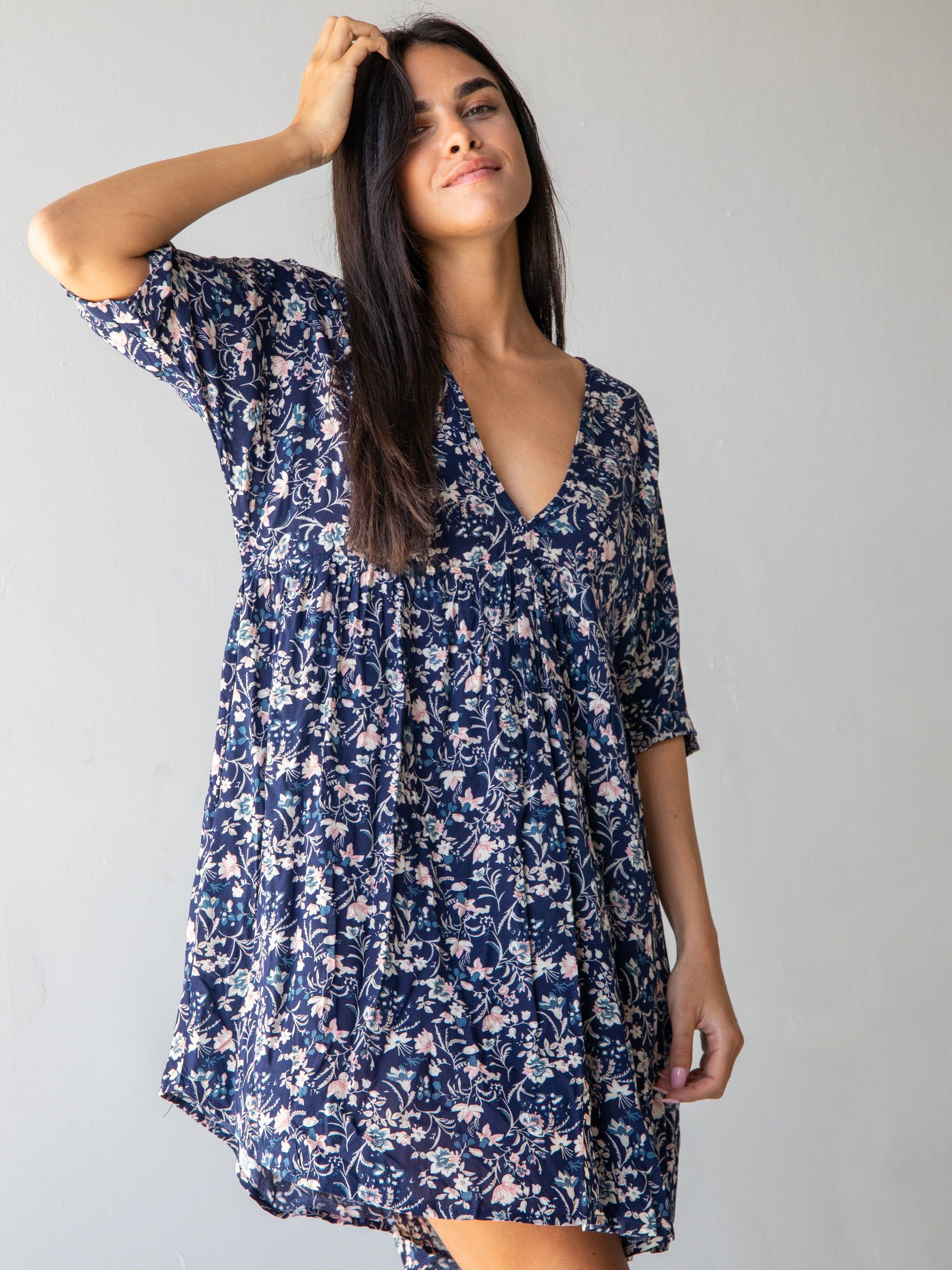 Stella V-Neck Dress - Navy Tan Floral sold by NATURAL LIFE product image thumbnail 3