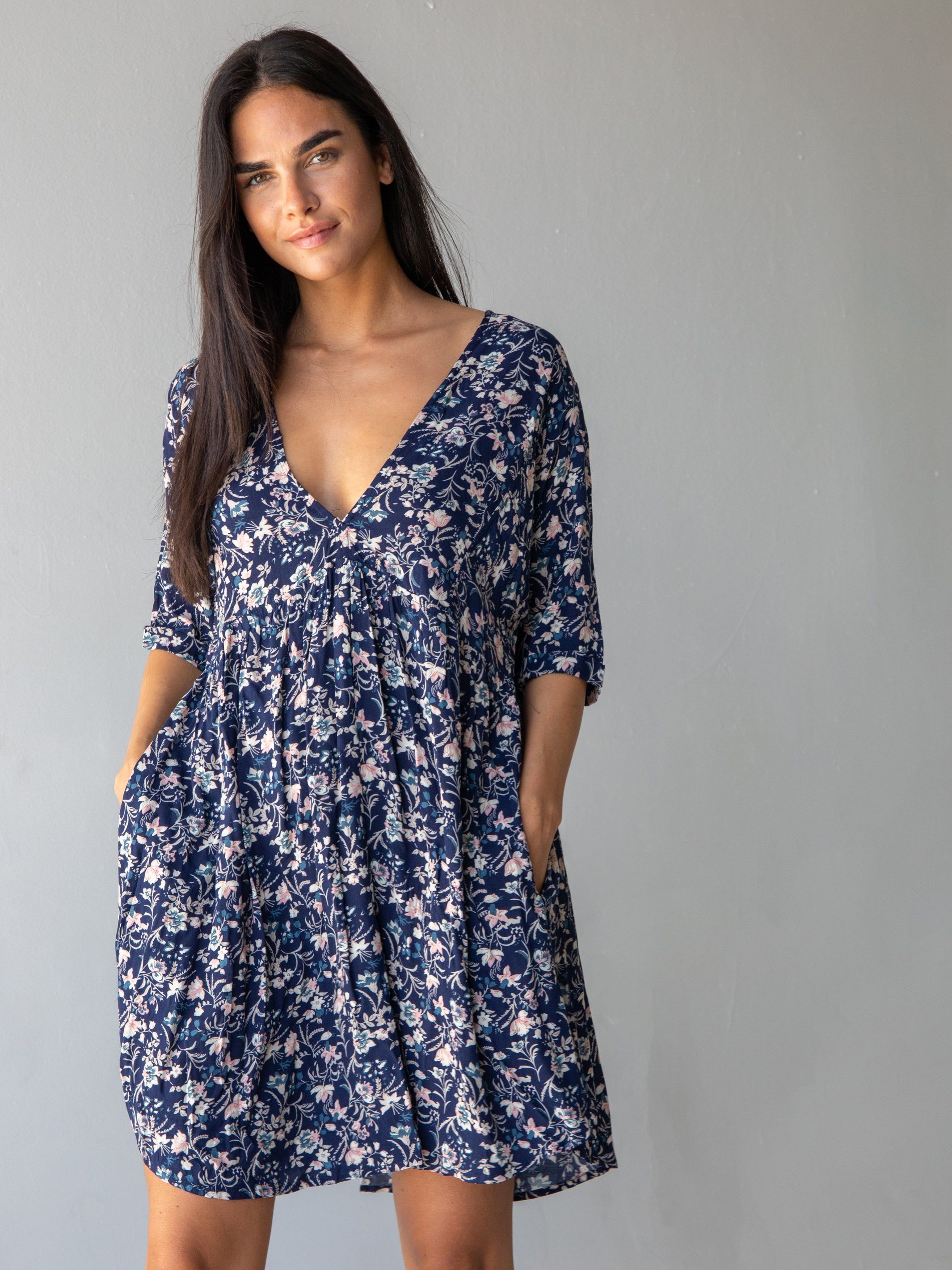 Stella V-Neck Dress - Navy Tan Floral sold by NATURAL LIFE