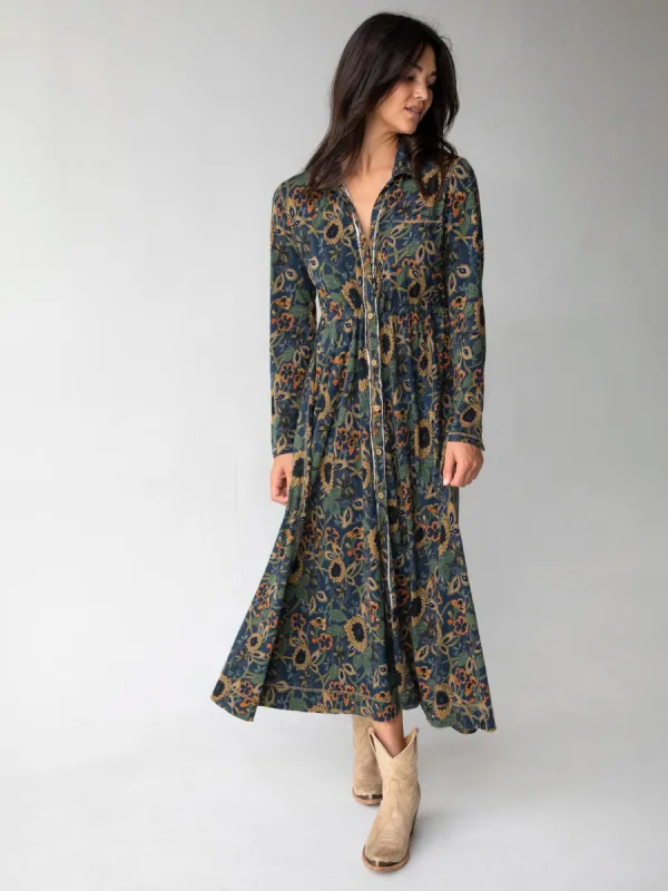 Christa Cotton Midi Dress - Navy Tan Dahlias sold by NATURAL LIFE