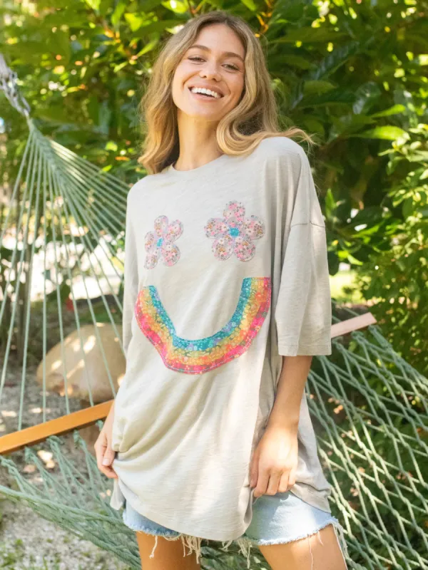 Oversized Cotton Applique Tee - Moonstruck Smiley Face sold by NATURAL LIFE