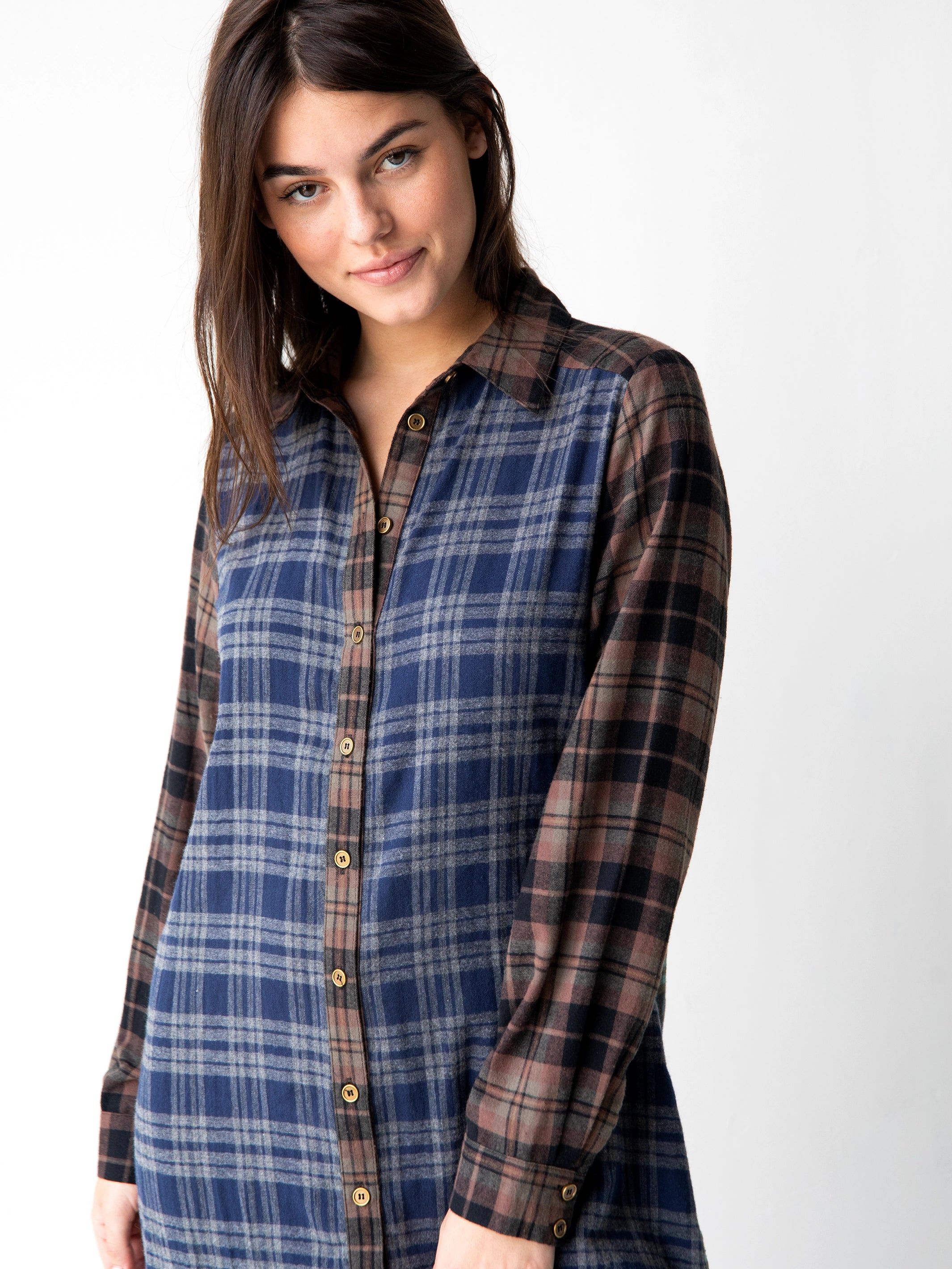 Esme Plaid Shirt Dress - Navy Brown Flannel sold by NATURAL LIFE product image thumbnail 2