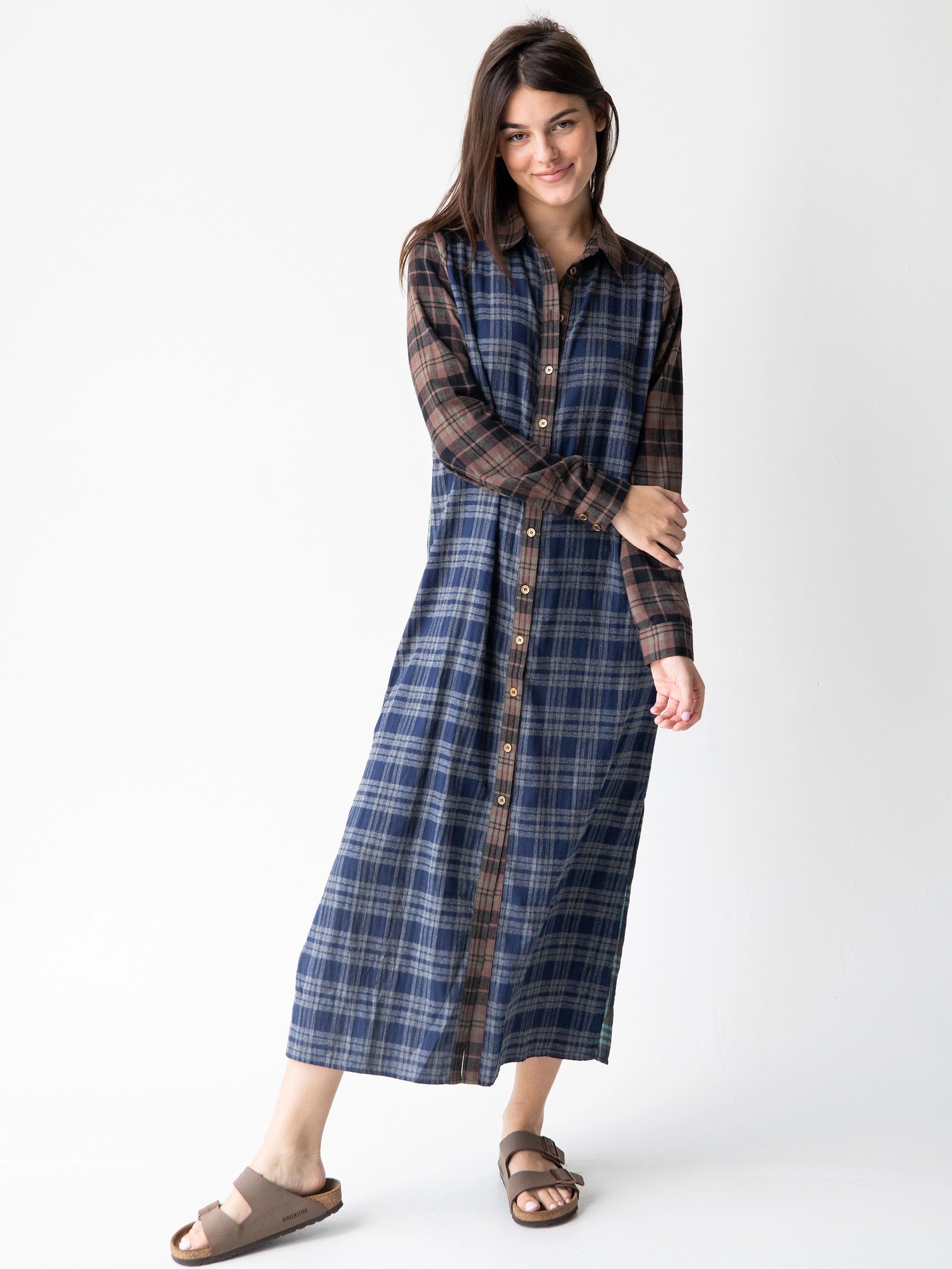 Esme Plaid Shirt Dress - Navy Brown Flannel sold by NATURAL LIFE
