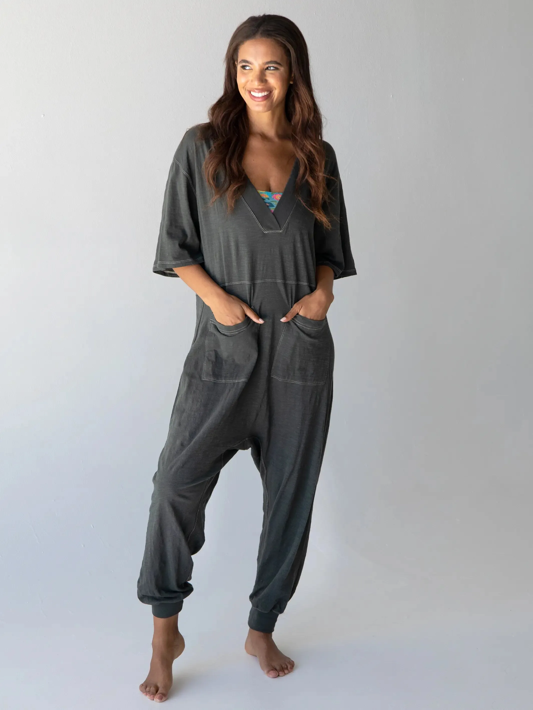 Charlie V-Neck Jumpsuit - Charcoal sold by NATURAL LIFE