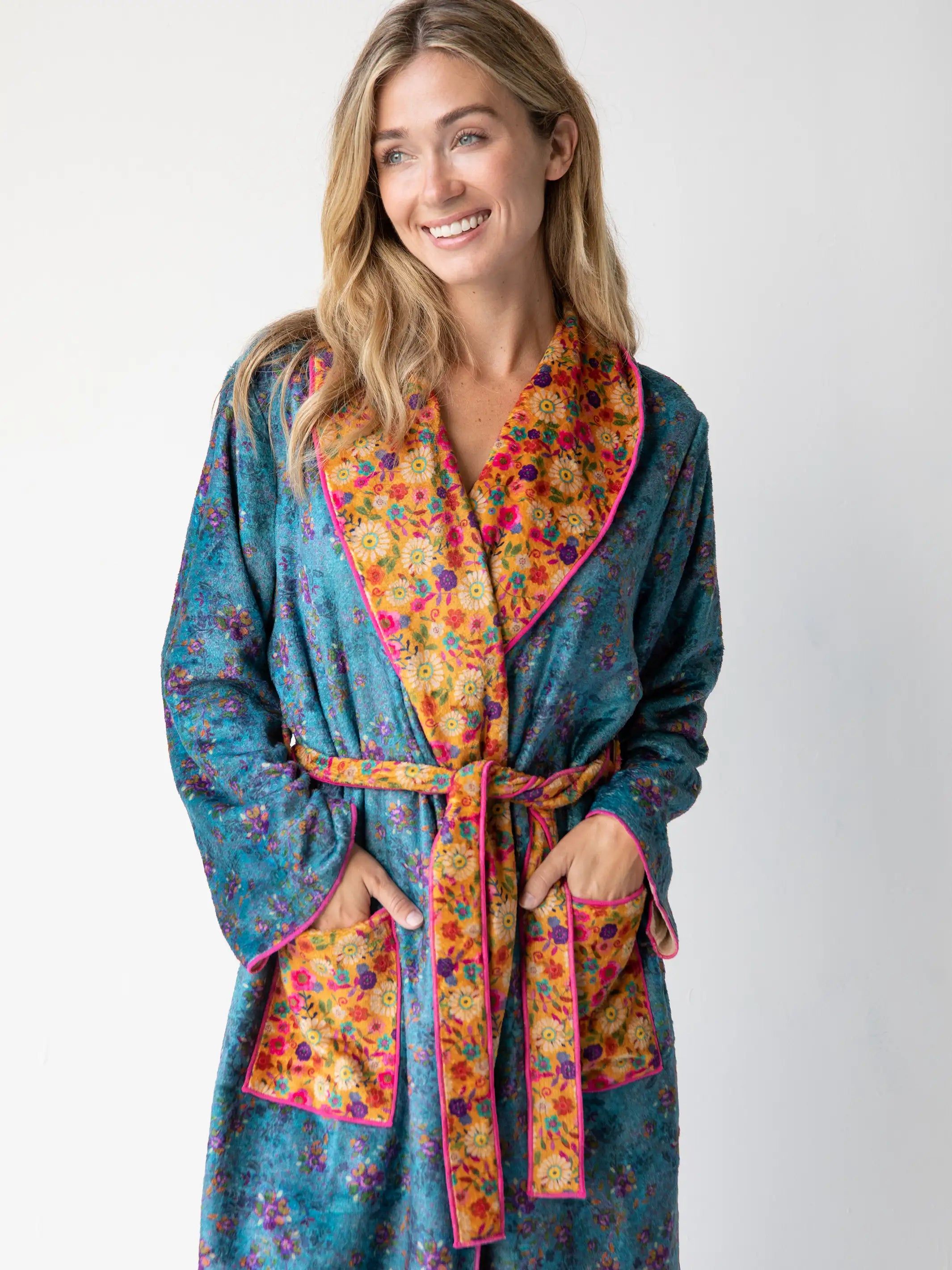 Cozy Blanket Robe - Teal Mustard Floral Mix sold by NATURAL LIFE