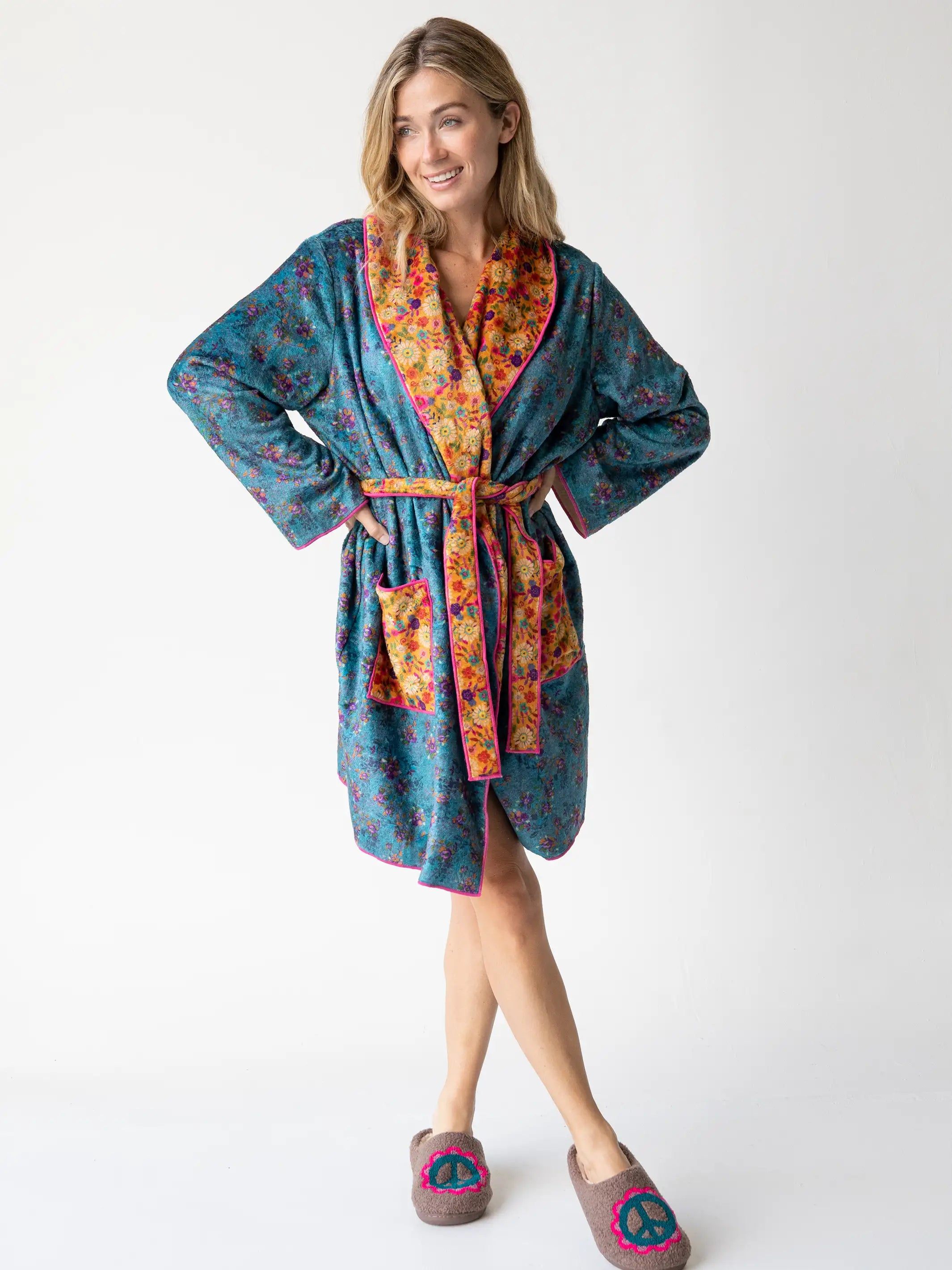 Cozy Blanket Robe - Teal Mustard Floral Mix sold by NATURAL LIFE product image thumbnail 2