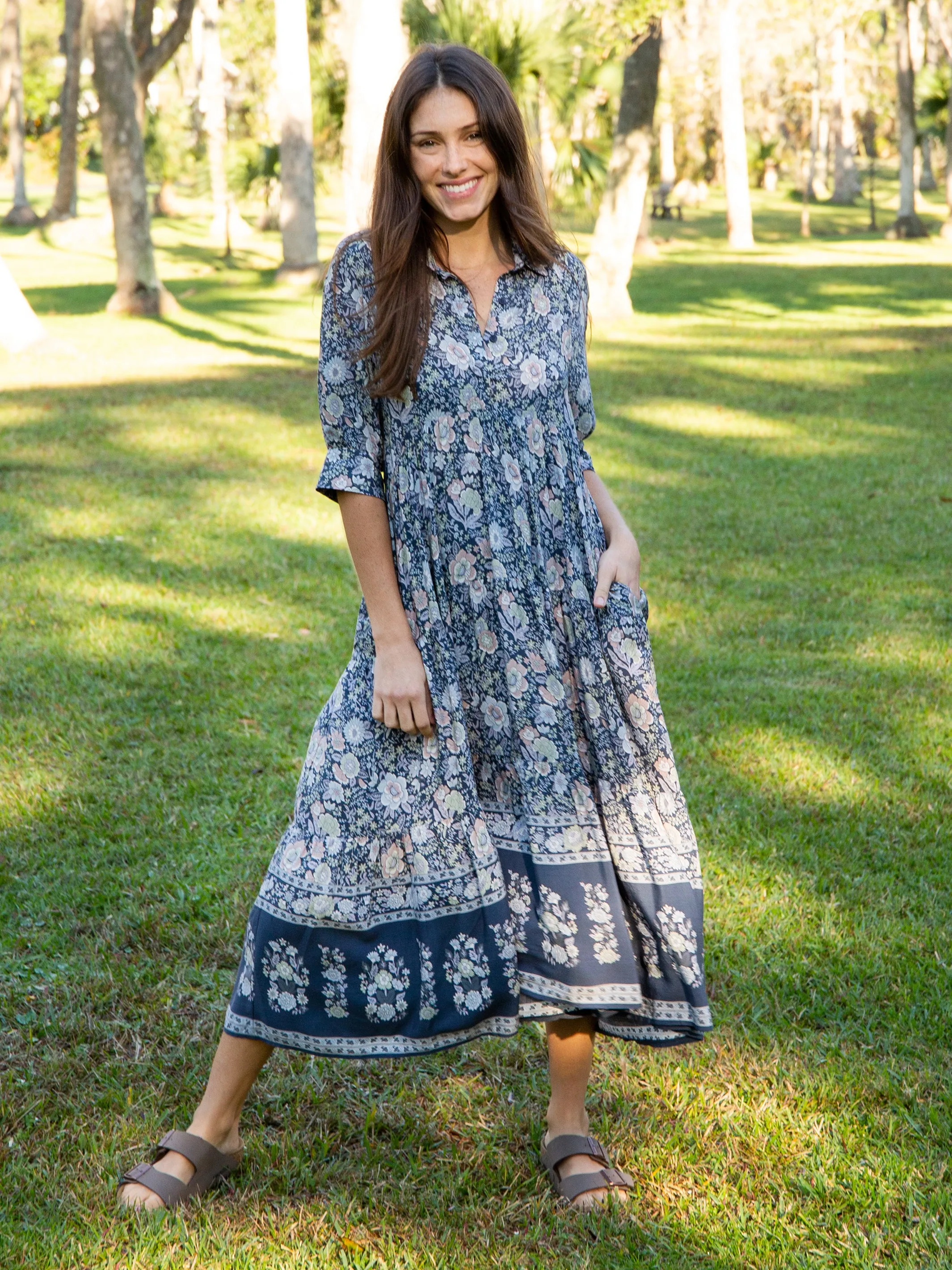 Rebecca Midi Dress - Navy Grey Floral sold by NATURAL LIFE