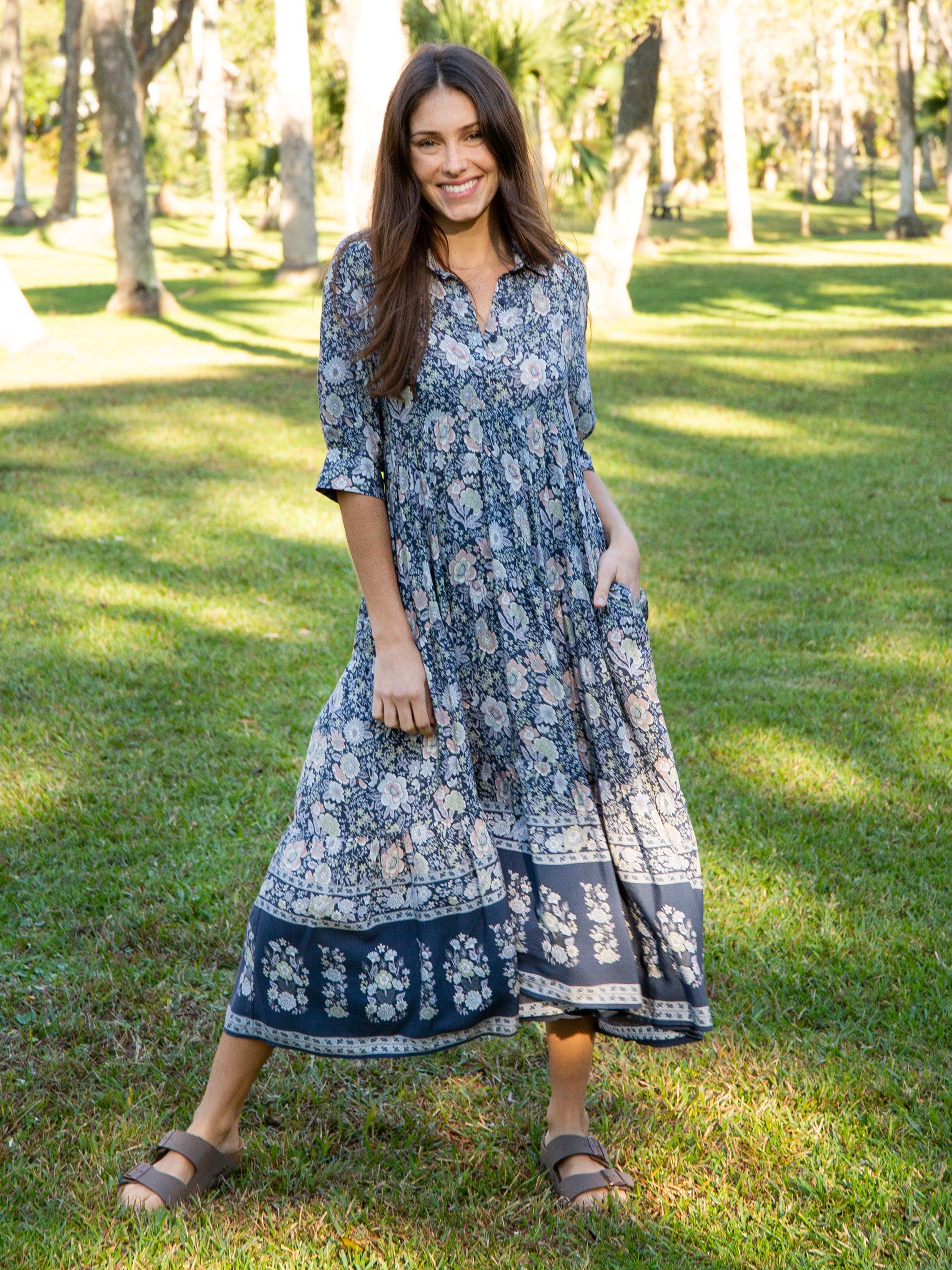 Rebecca Tiered Dress - Navy Grey Floral sold by NATURAL LIFE