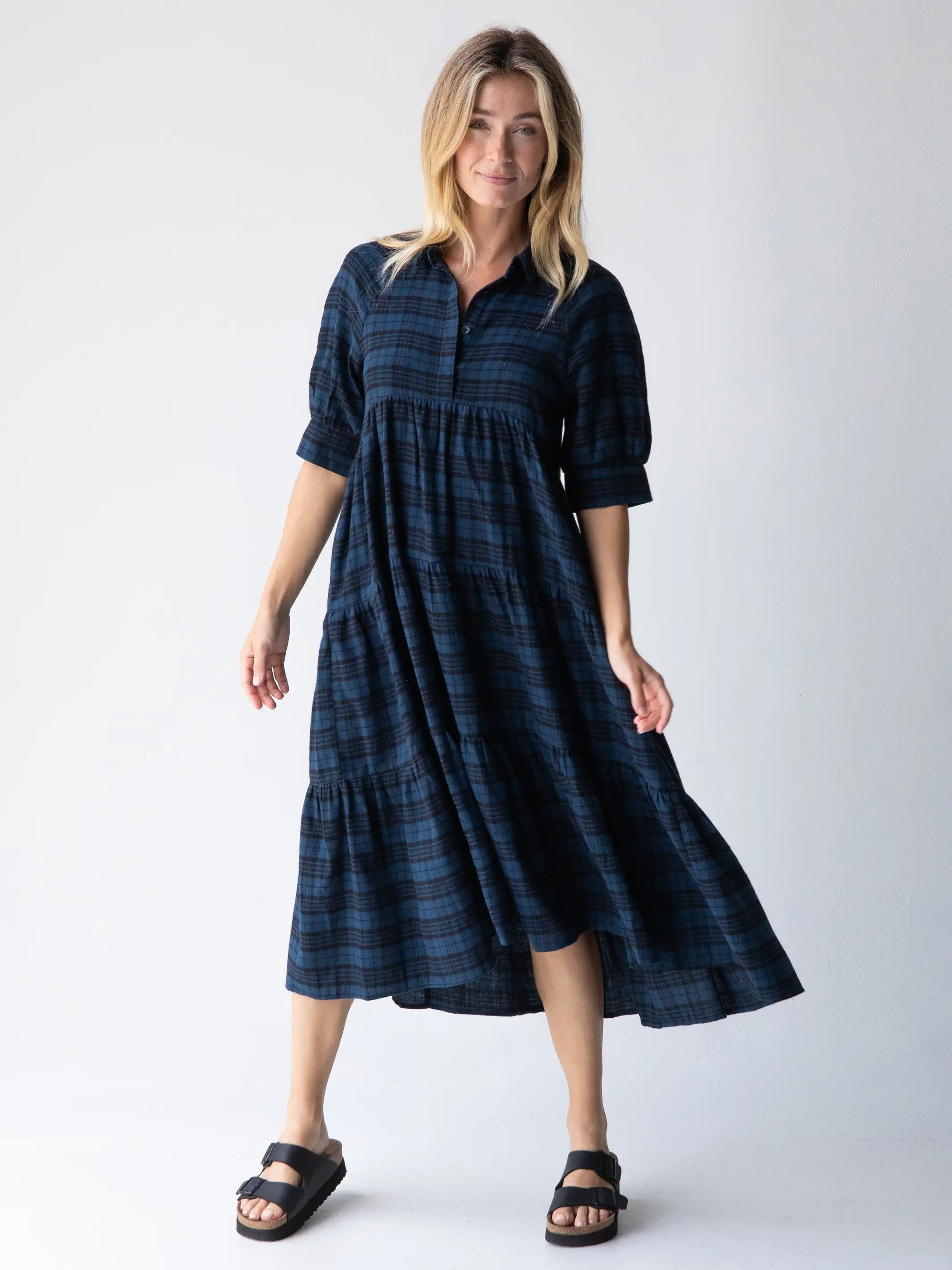 Rebecca Tiered Midi Dress - Blue Black Flannel Plaid sold by NATURAL LIFE product image thumbnail 3