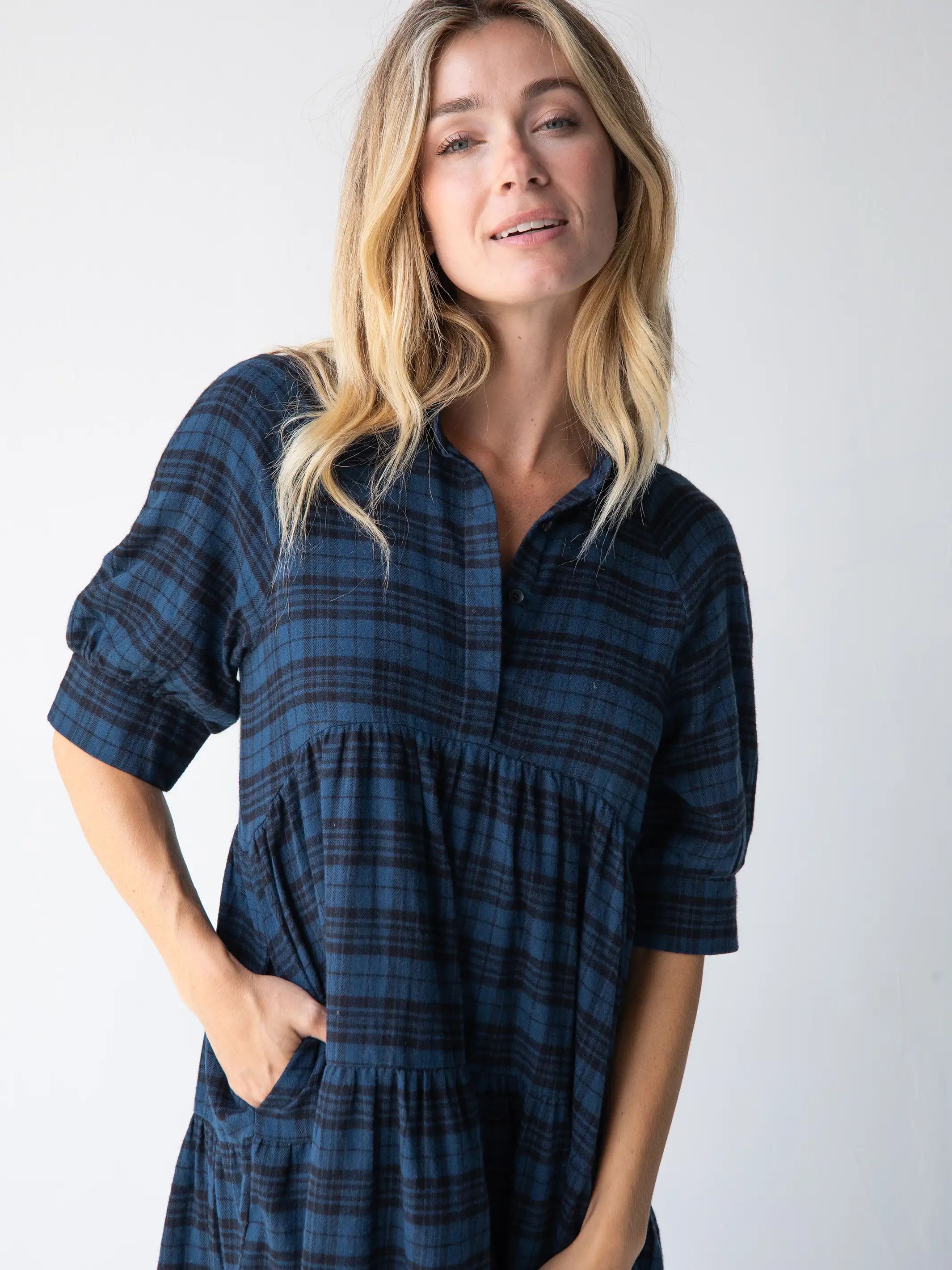 Rebecca Tiered Midi Dress - Blue Black Flannel Plaid sold by NATURAL LIFE product image thumbnail 2