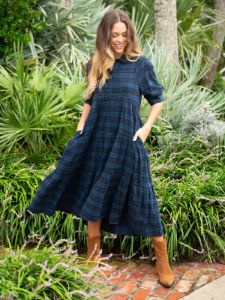 Rebecca Tiered Dress - Blue Black Plaid sold by NATURAL LIFE