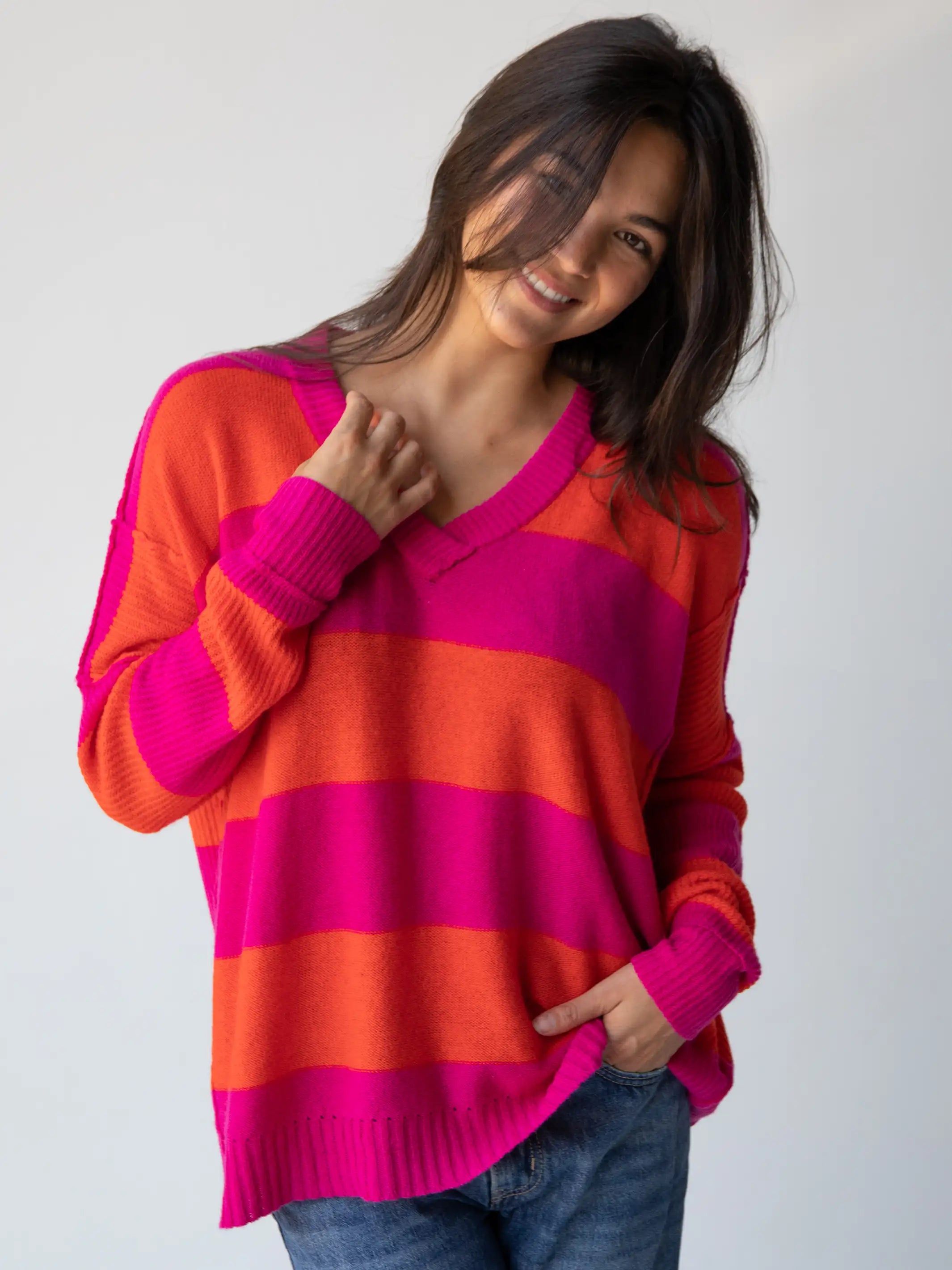 Slouchy V-Neck Sweater - Pink Stripe sold by NATURAL LIFE