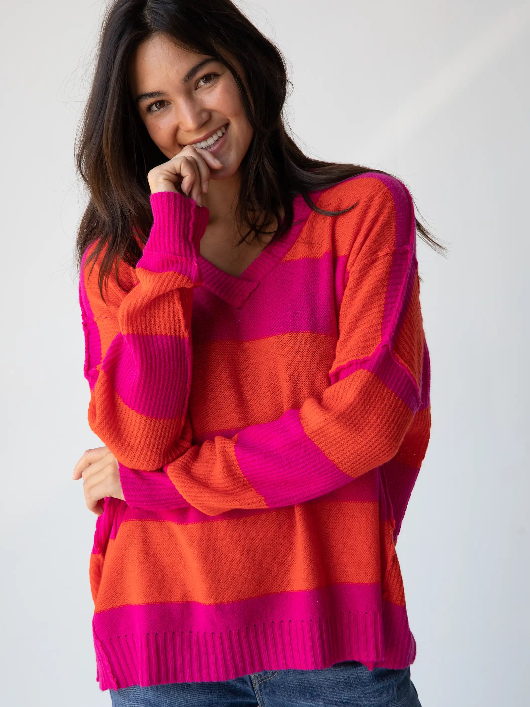 Slouchy V-Neck Sweater - Pink Stripe sold by NATURAL LIFE product image thumbnail 2