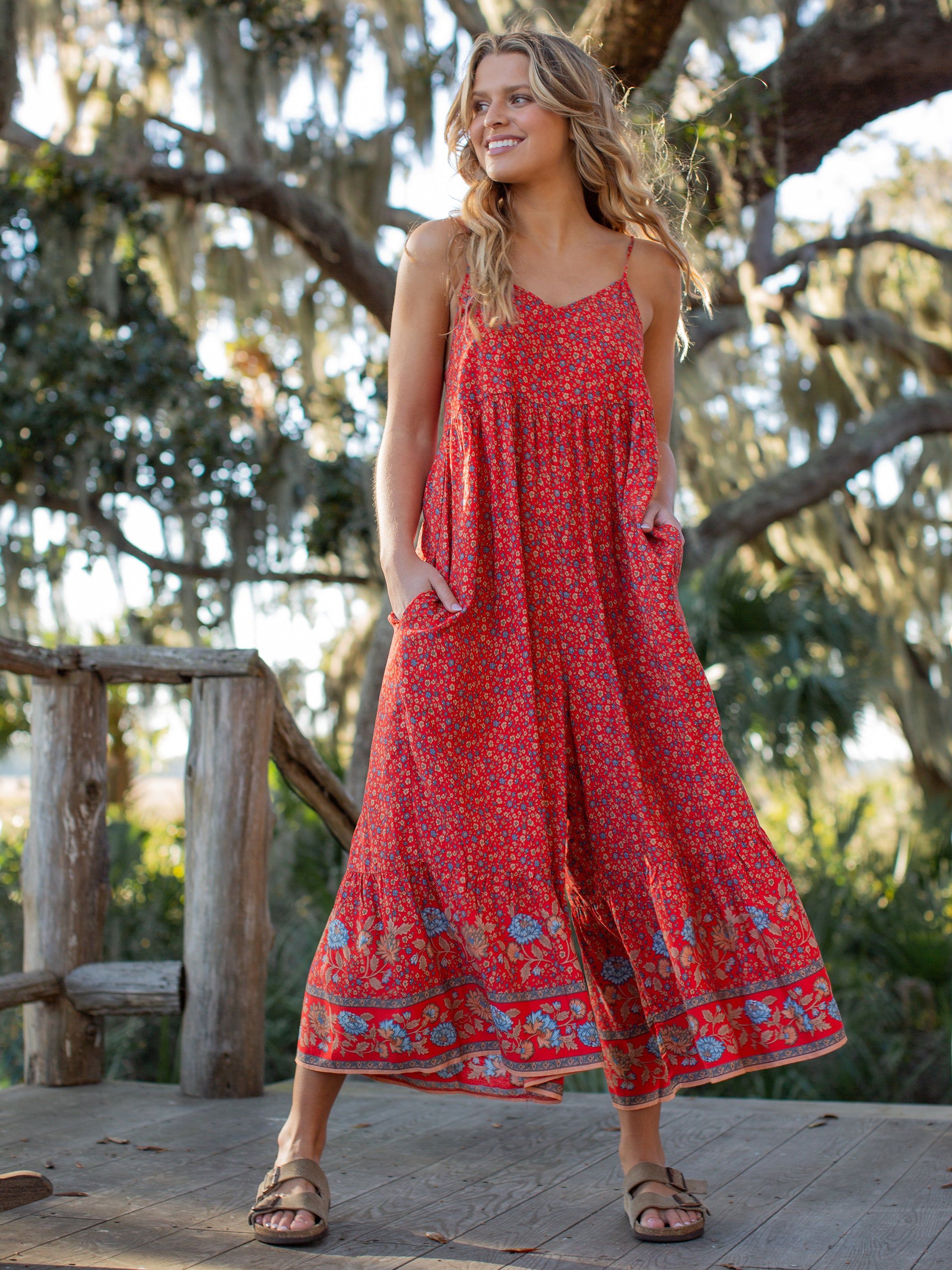 Jamie V-Neck Jumpsuit - Red Floral Border sold by NATURAL LIFE