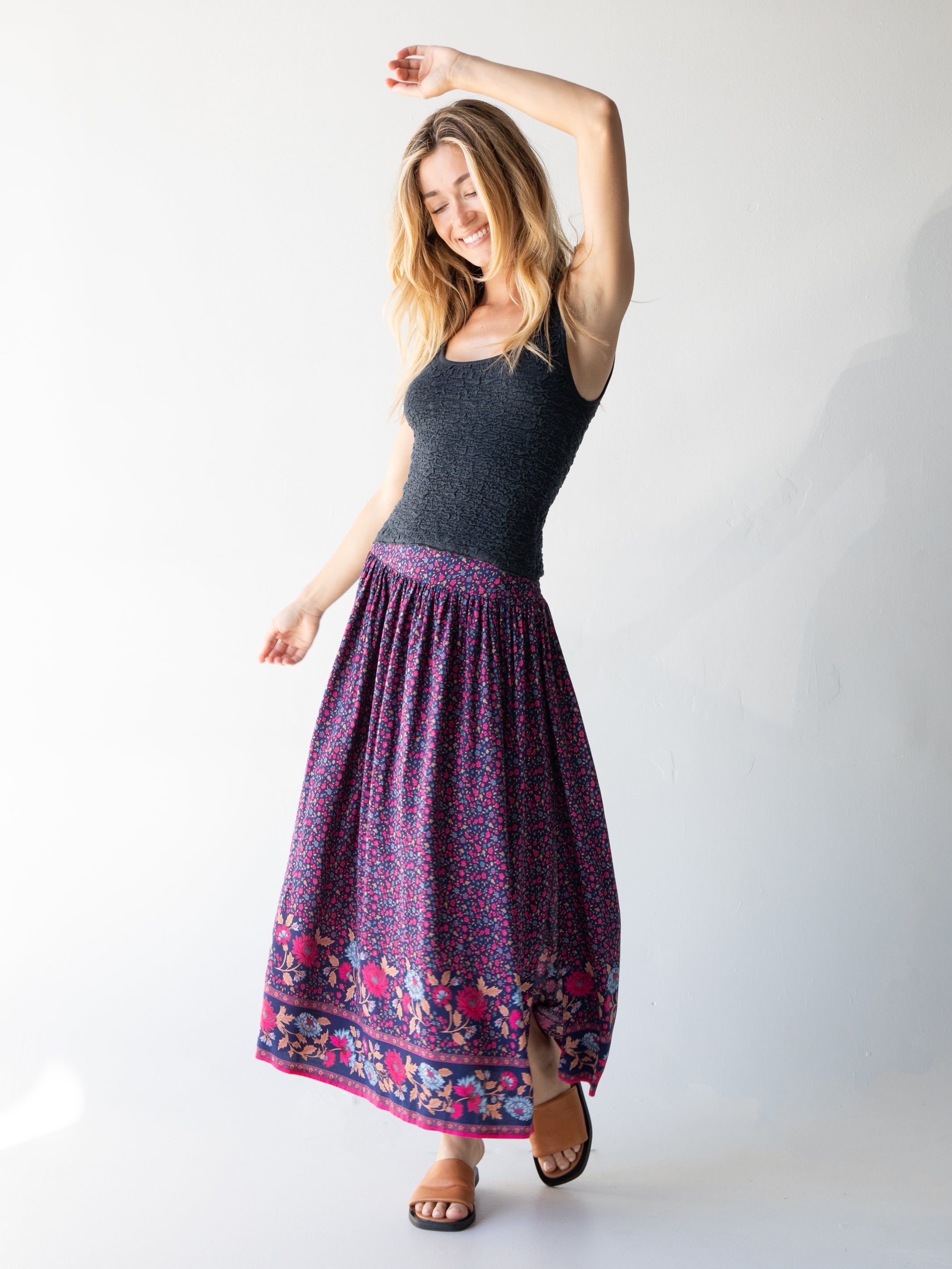 Addie Midi Skirt - Navy Pink Floral Border sold by NATURAL LIFE product image thumbnail 4