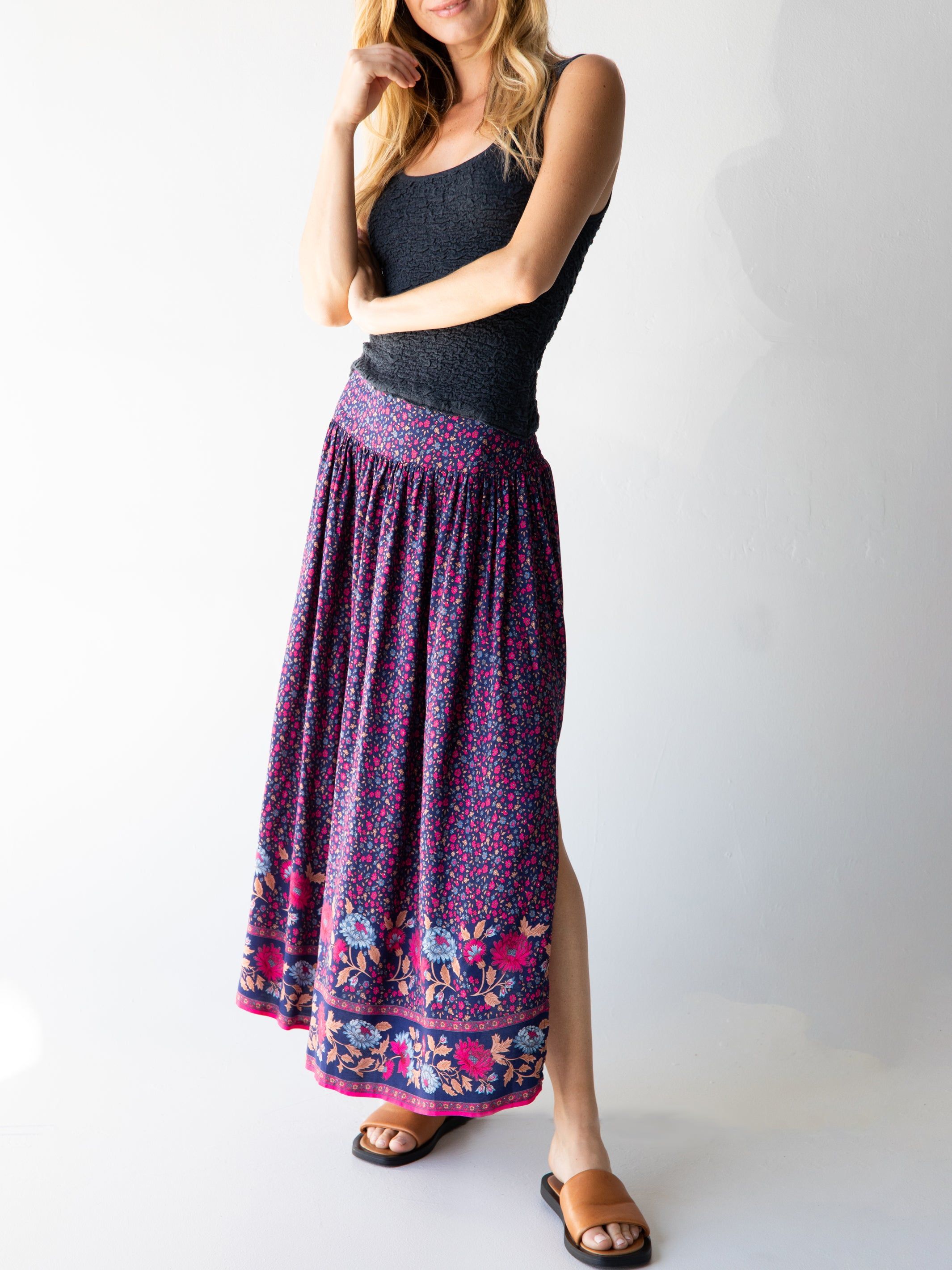 Addie Midi Skirt - Navy Pink Floral Border sold by NATURAL LIFE
