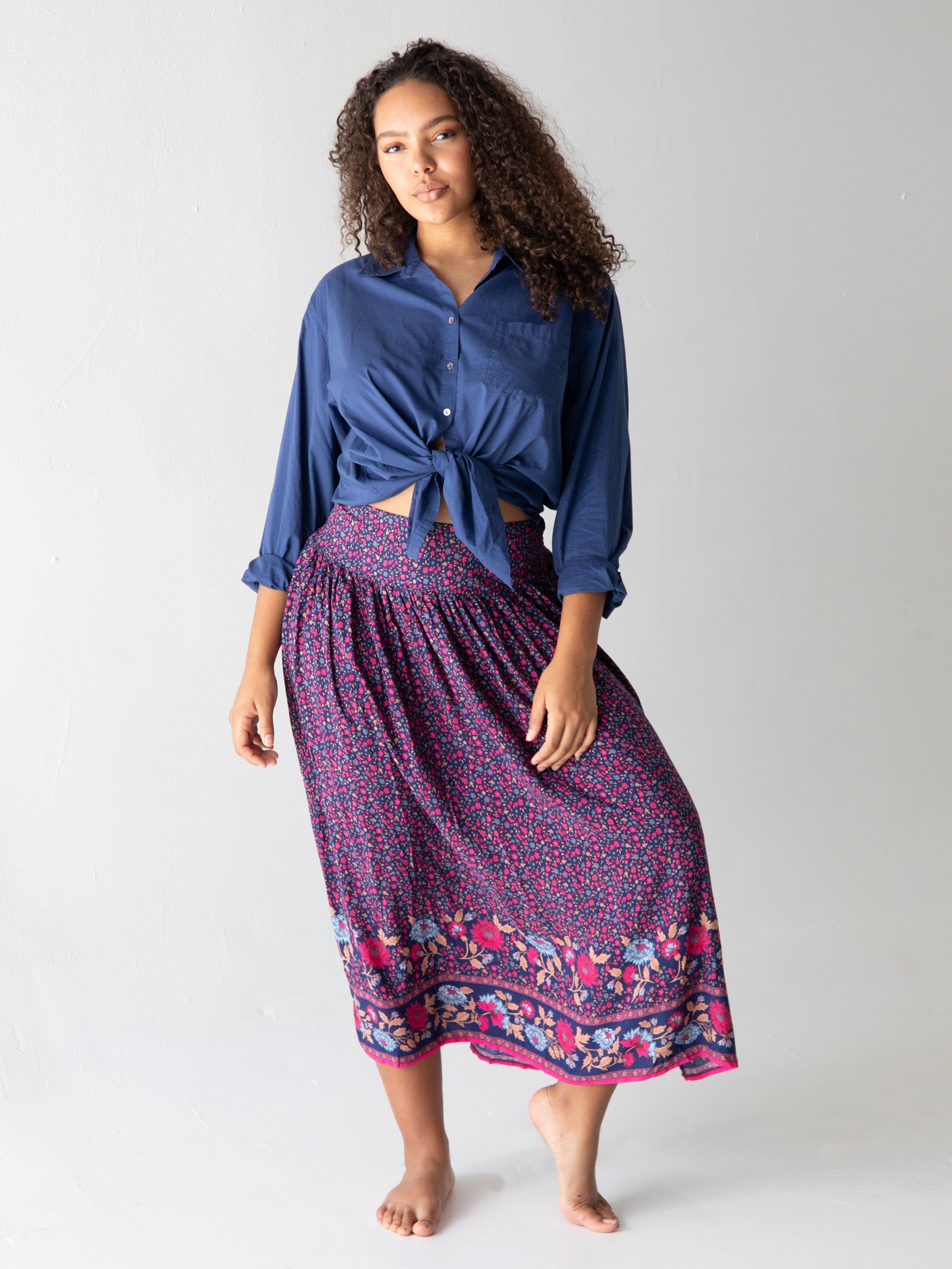 Addie Midi Skirt - Navy Pink Floral Border sold by NATURAL LIFE product image thumbnail 2