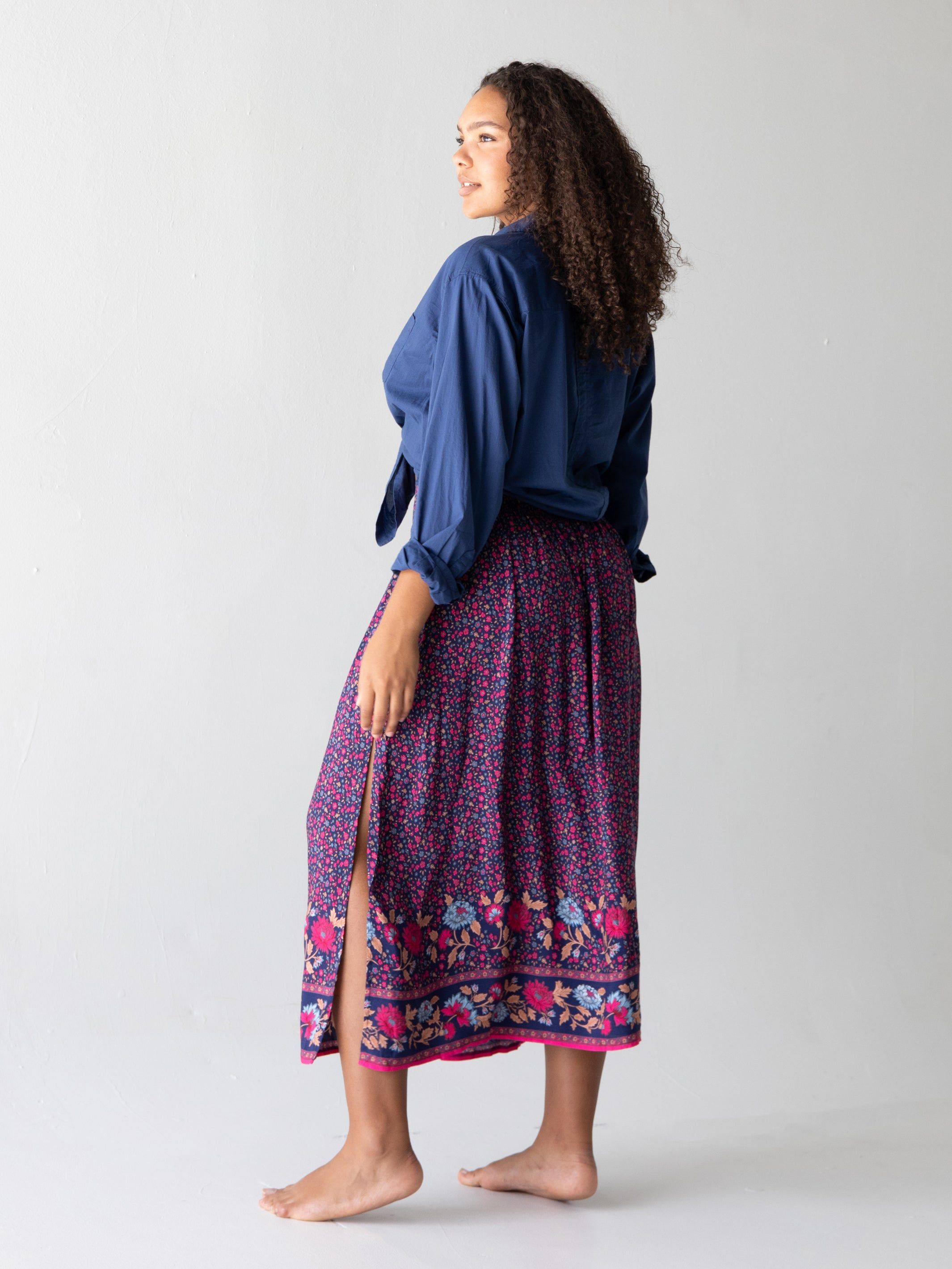 Addie Midi Skirt - Navy Pink Floral Border sold by NATURAL LIFE product image thumbnail 3