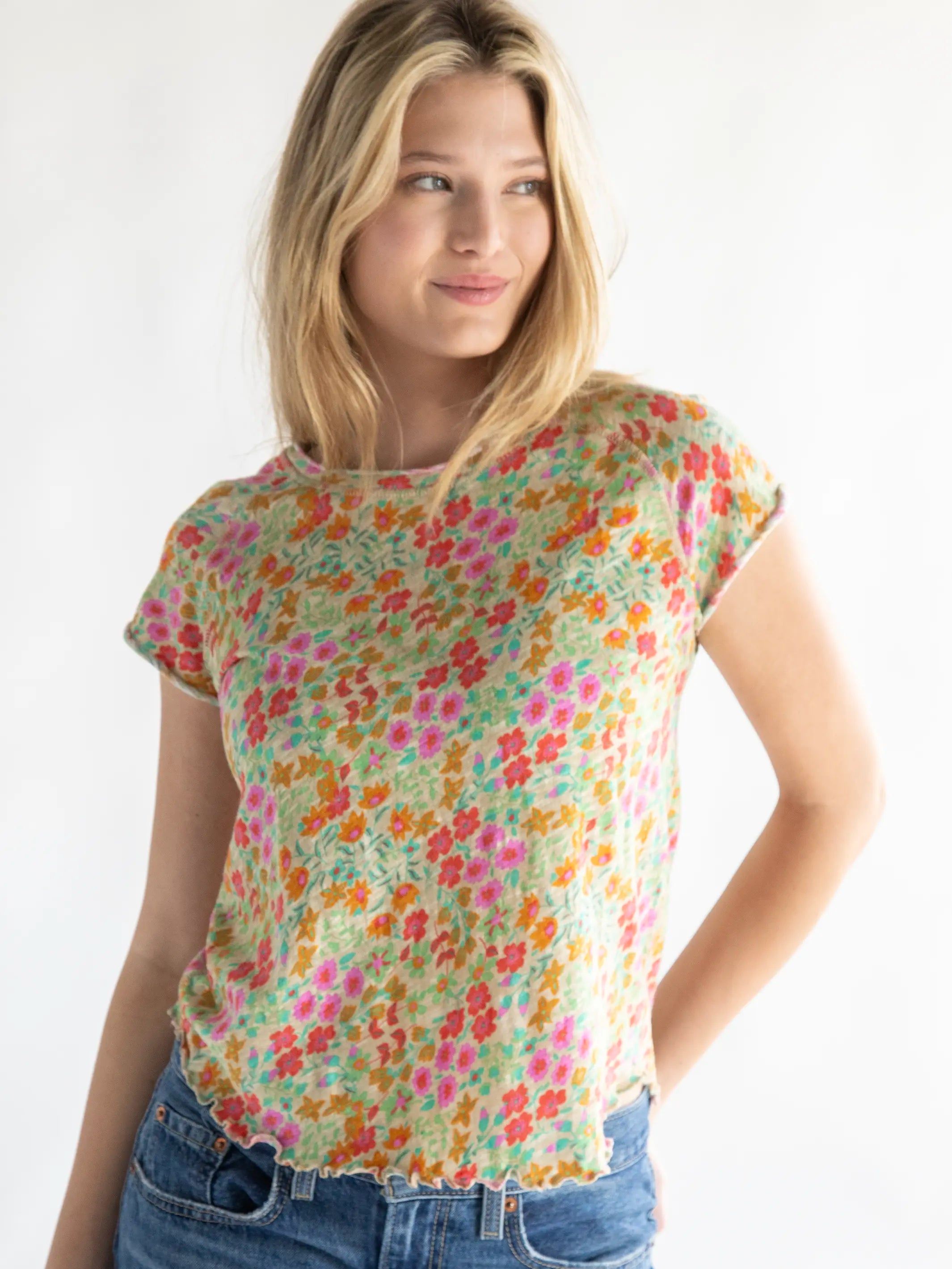 Lily Printed Knit Tee Shirt - Mustard Coral Floral sold by NATURAL LIFE product image thumbnail 5