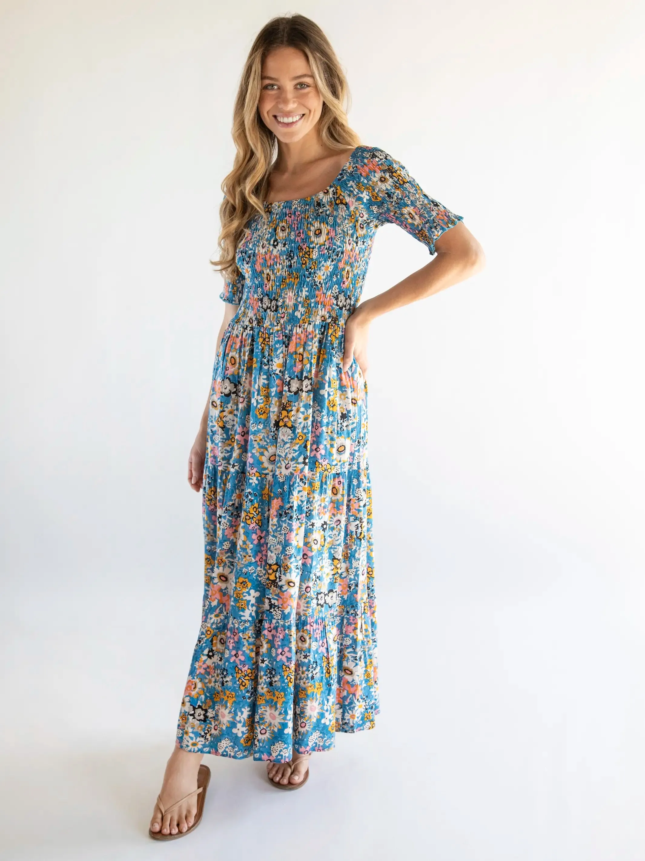 Daisy Tiered Maxi Dress - Blue Tan Floral sold by NATURAL LIFE product image thumbnail 3