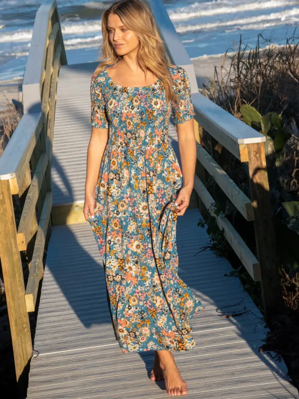Daisy Tiered Maxi Dress - Blue Tan Floral sold by NATURAL LIFE