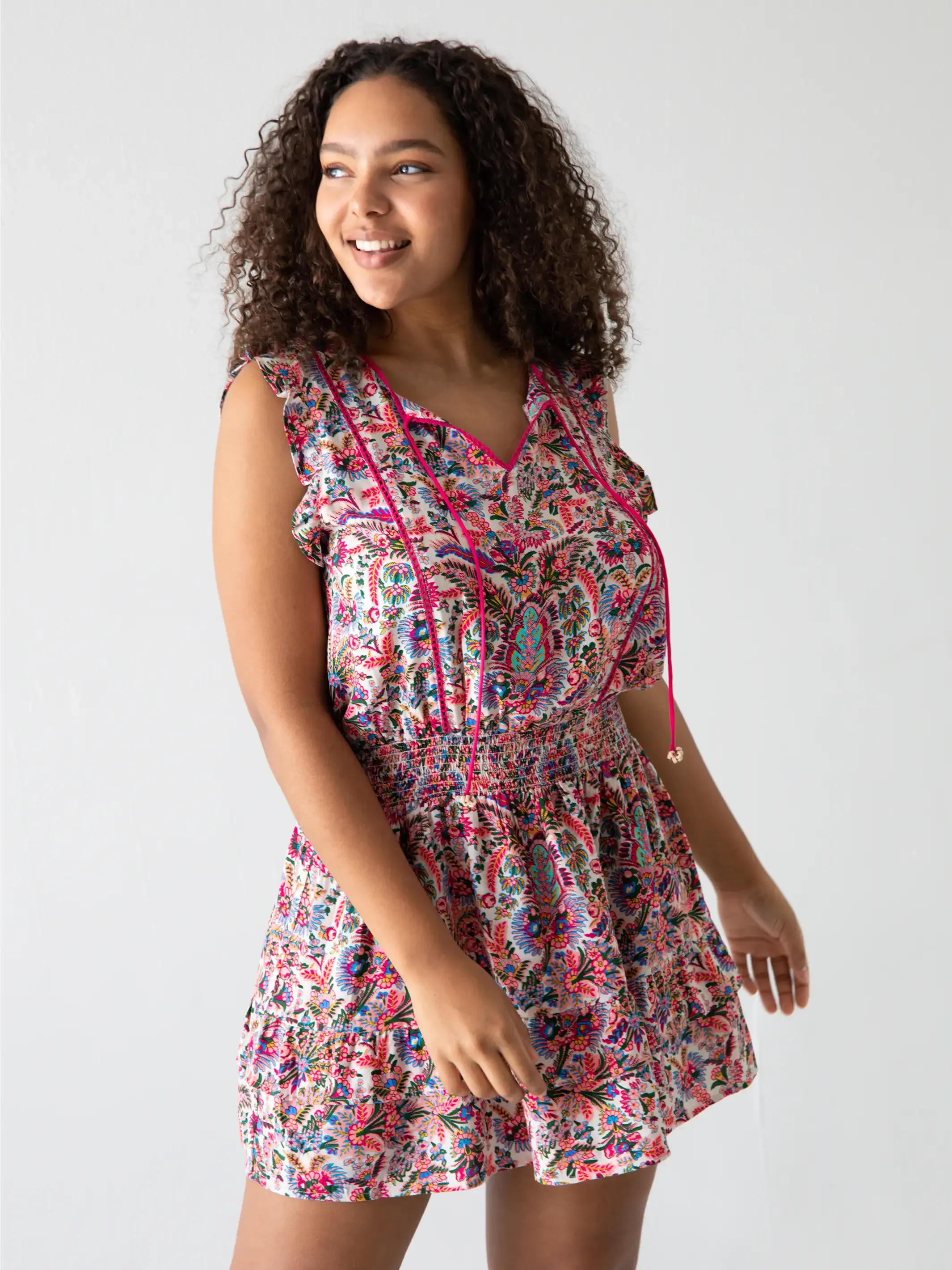 Lyla Smocked Mini Dress - Pink Palms sold by NATURAL LIFE product image thumbnail 4