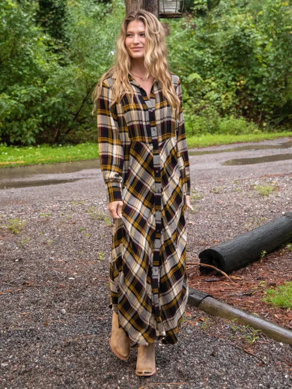 Hailee Button Down Maxi Dress - Black Tan Plaid sold by NATURAL LIFE