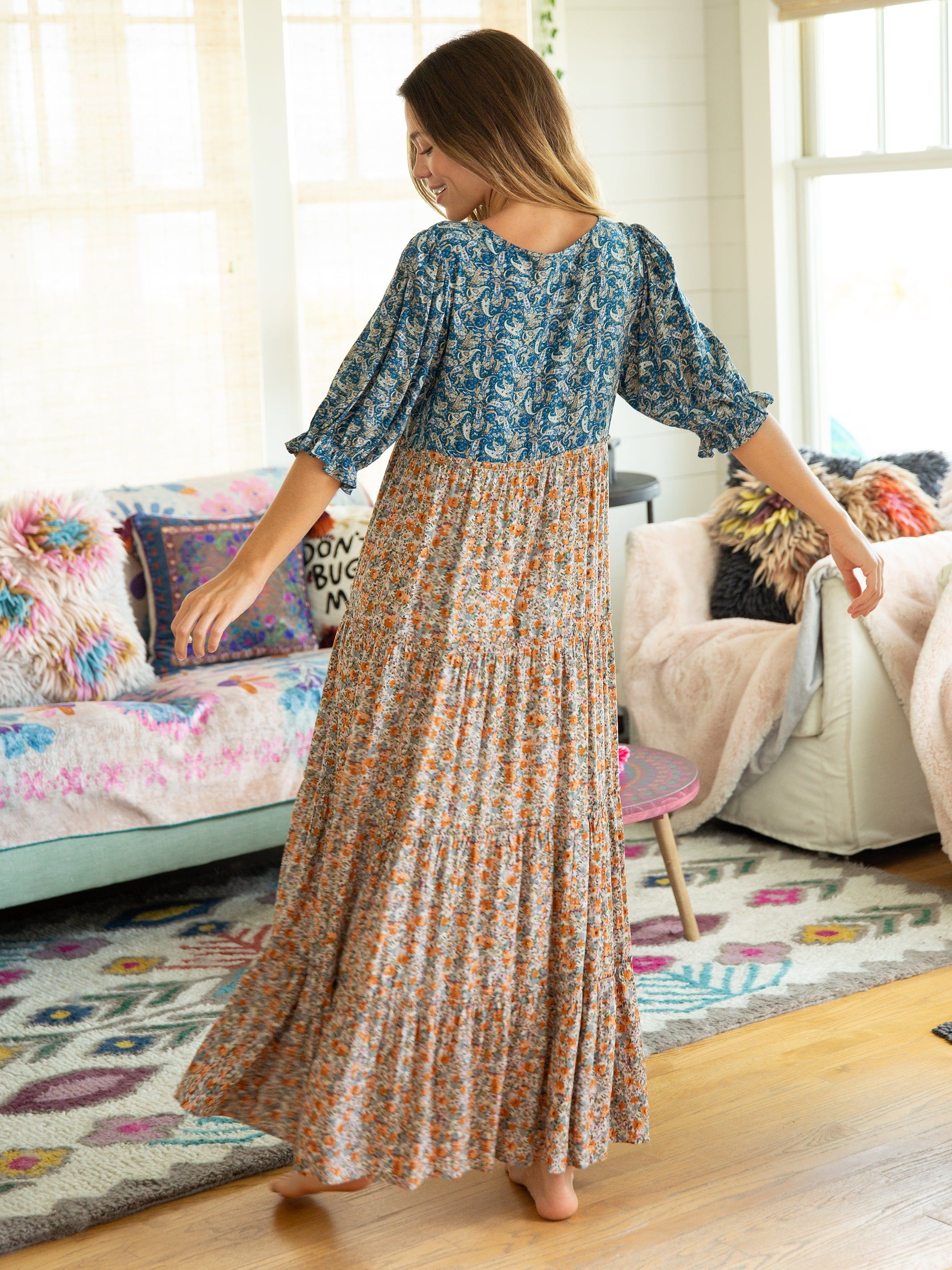 Collette Tiered Maxi Dress - Blue Orange Mix Print sold by NATURAL LIFE product image thumbnail 3