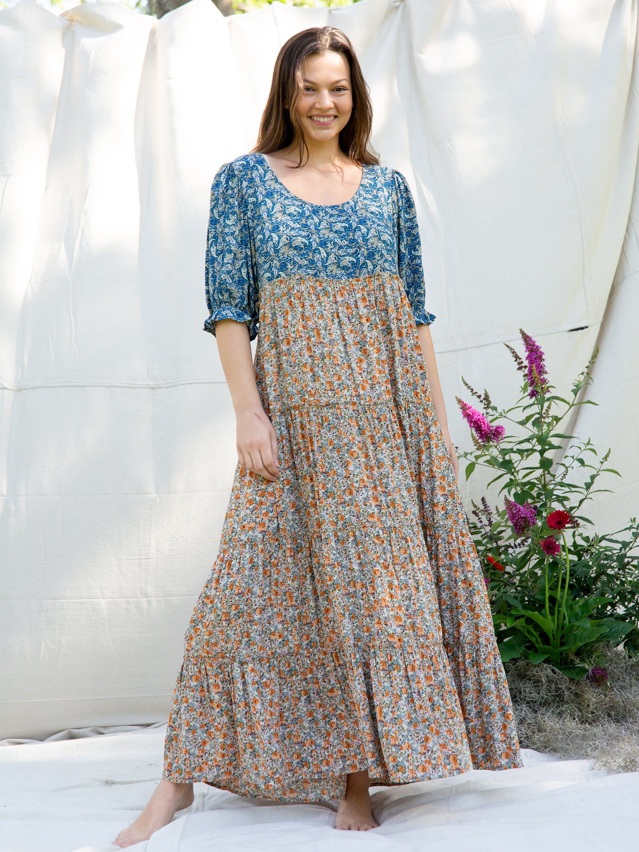Collette Tiered Maxi Dress - Blue Orange Mix Print sold by NATURAL LIFE product image thumbnail 4