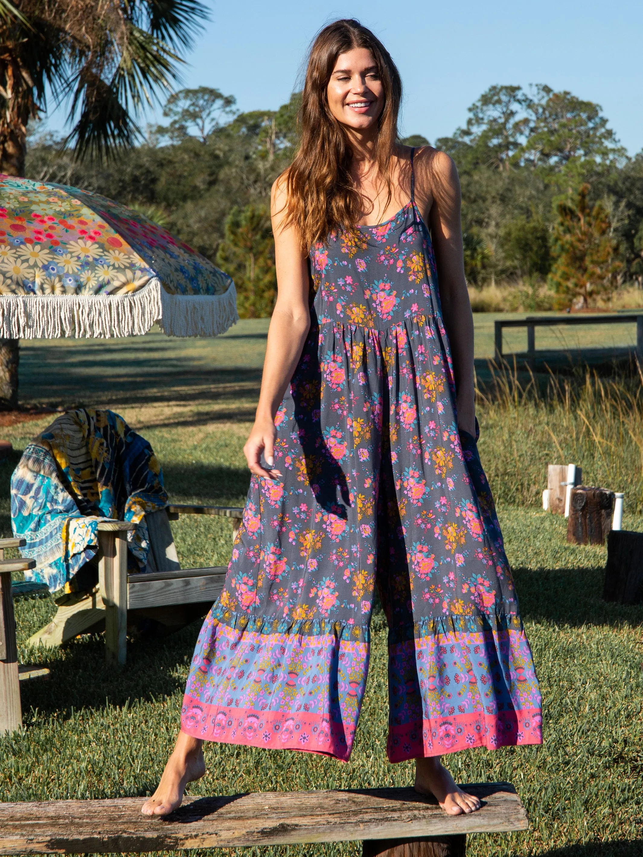 Zoe Wide-Leg Jumpsuit - Charcoal Blue Border sold by NATURAL LIFE