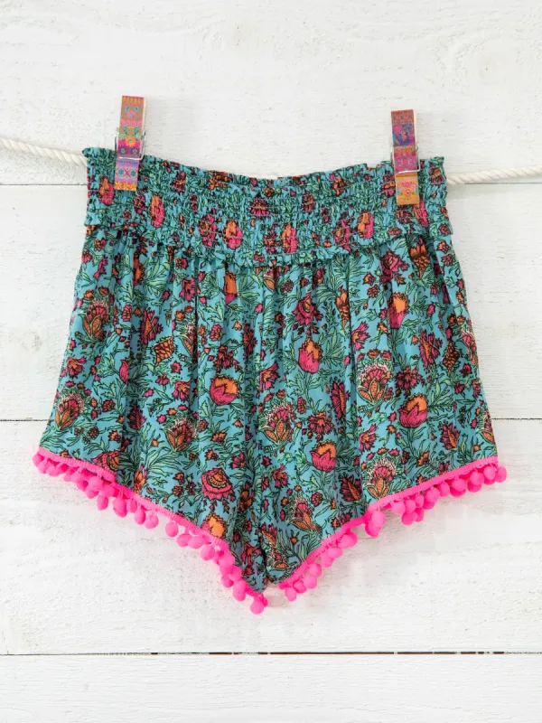 Pom Pom Shorts - Turquoise Pink Floral sold by NATURAL LIFE