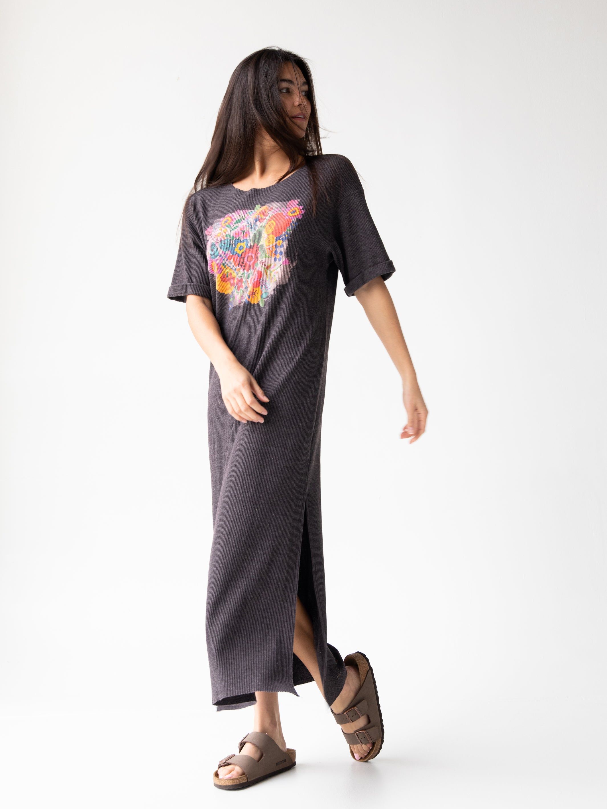Graphic Tee Maxi Dress - Charcoal Floral Bouquet sold by NATURAL LIFE product image thumbnail 3