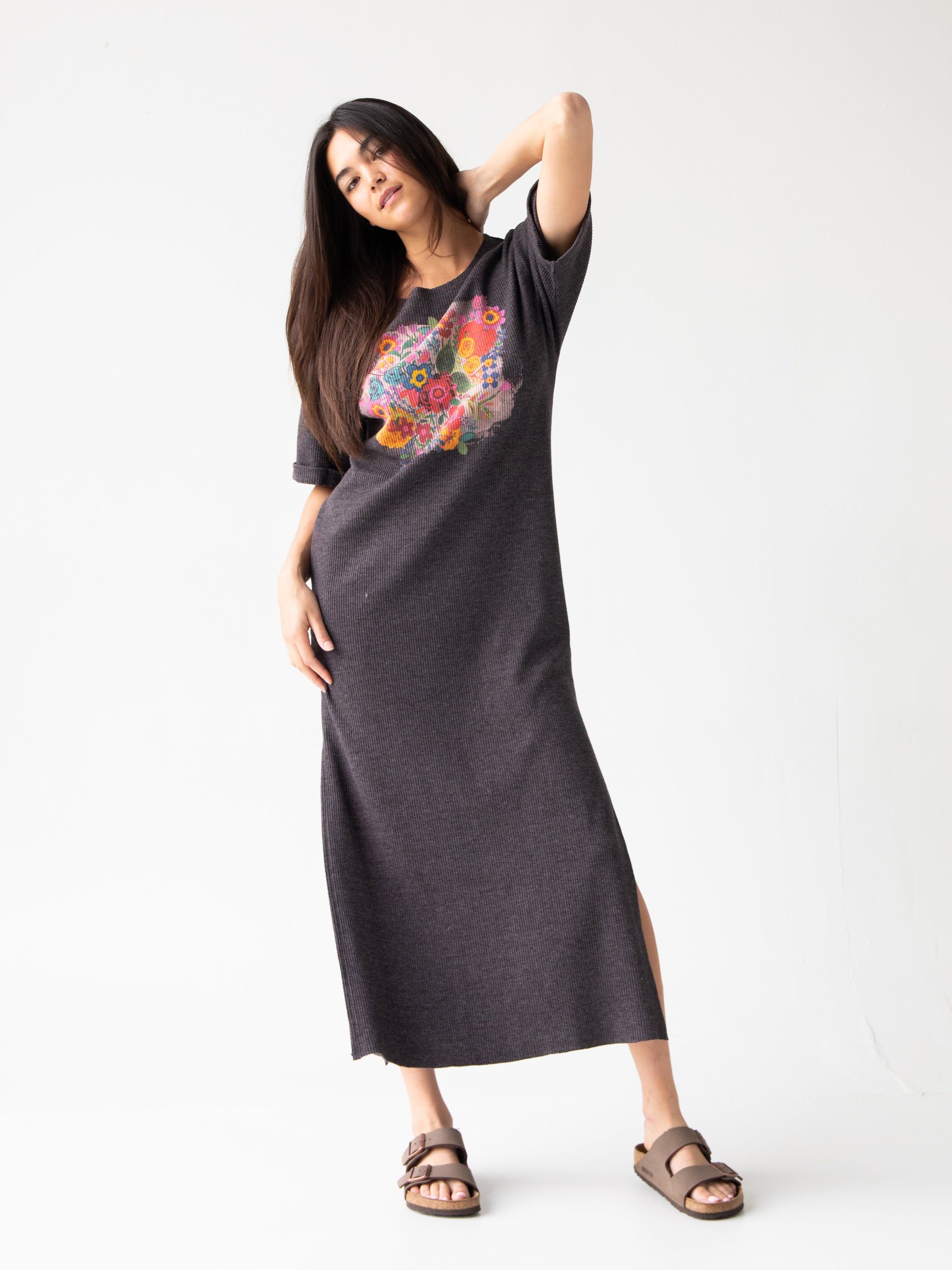 Graphic Tee Maxi Dress - Charcoal Floral Bouquet sold by NATURAL LIFE product image thumbnail 4
