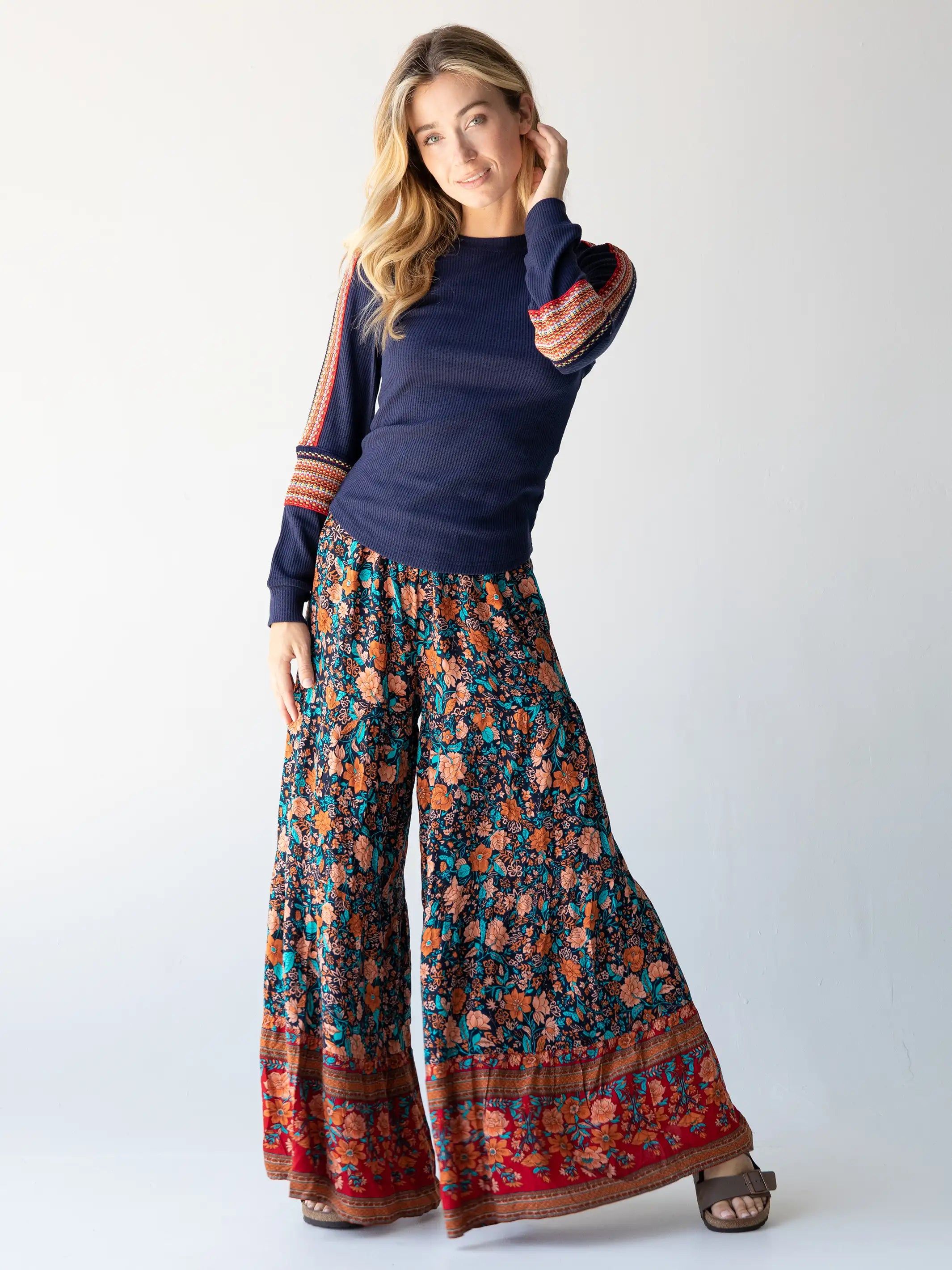 Patti Palazzo Pant - Navy Red Floral Border sold by NATURAL LIFE product image thumbnail 2