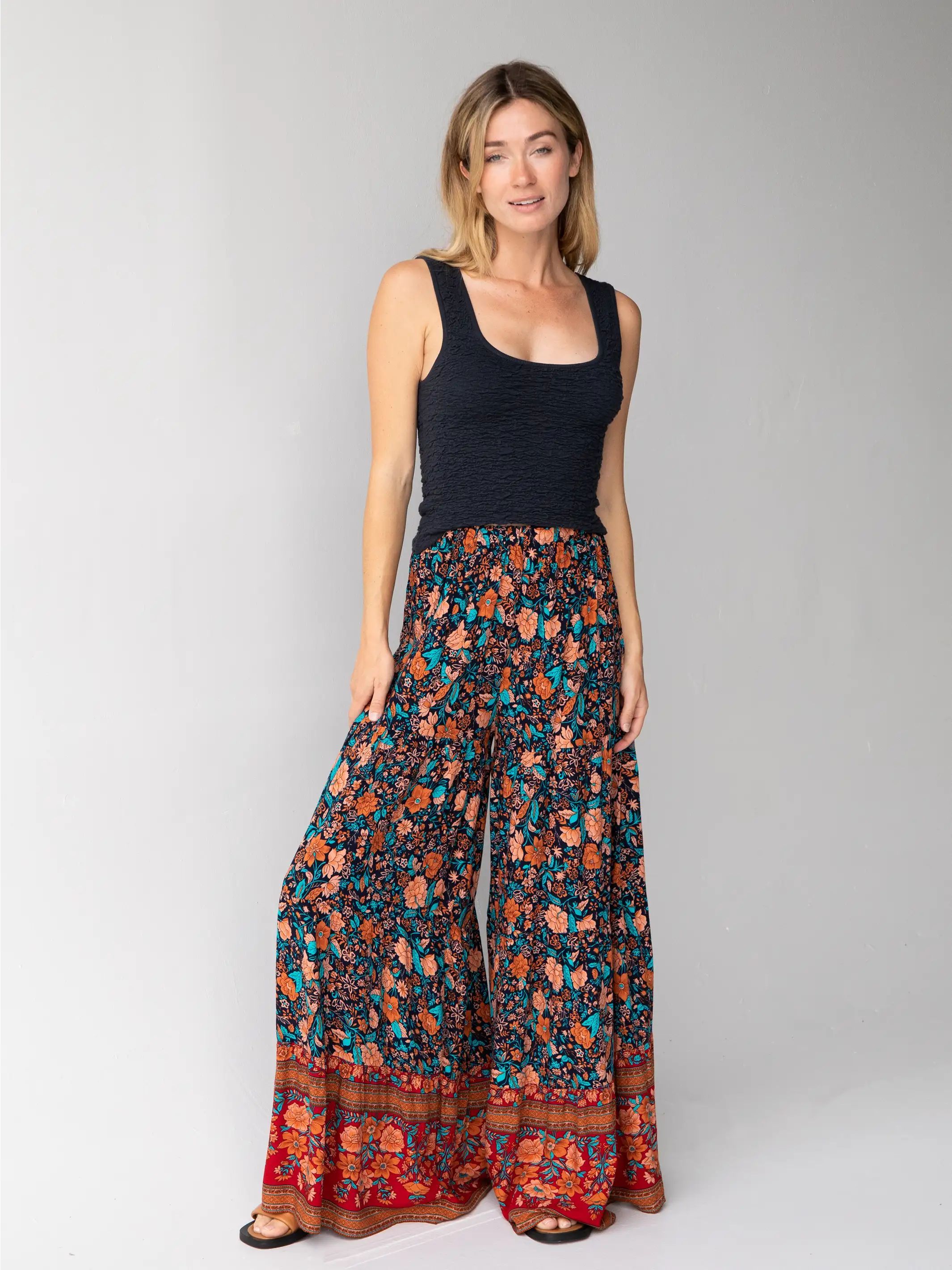 Patti Palazzo Pant - Navy Red Floral Border sold by NATURAL LIFE