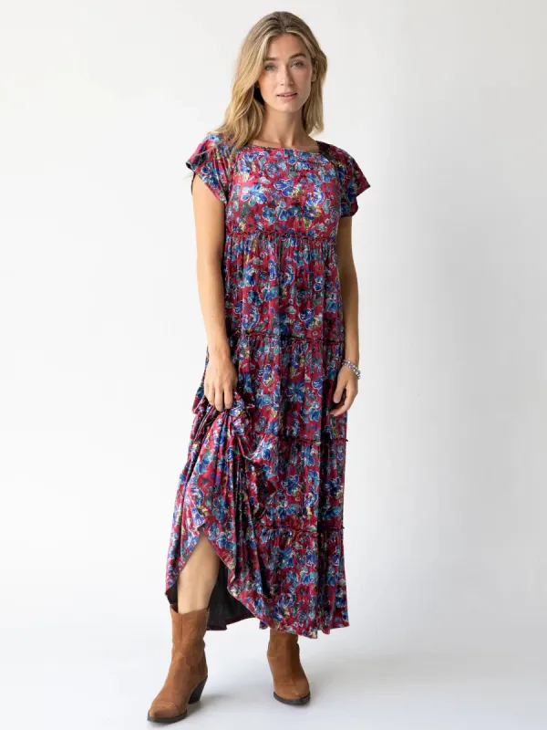 Berkley Velvet Maxi Dress - Red Blue Floral made by NATURAL LIFE