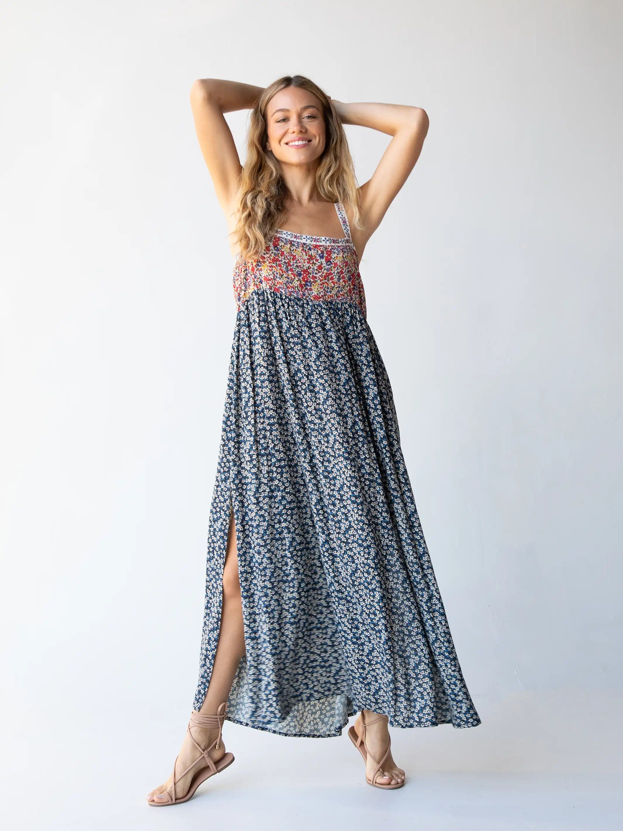 Patti Side Slit Maxi Dress - Red Blue Calico sold by NATURAL LIFE