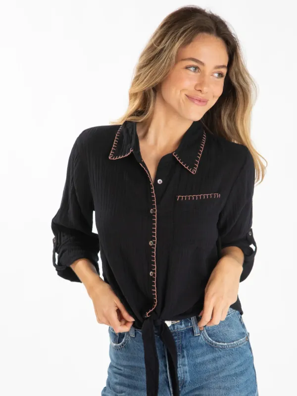 Lola Tie Button Down - Black sold by NATURAL LIFE