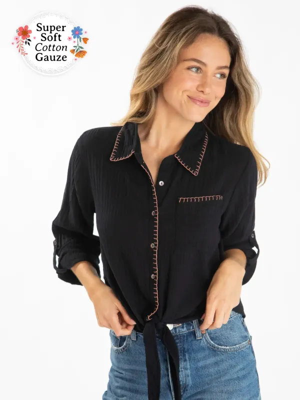 Lola Tie Cotton Button Down - Black sold by NATURAL LIFE