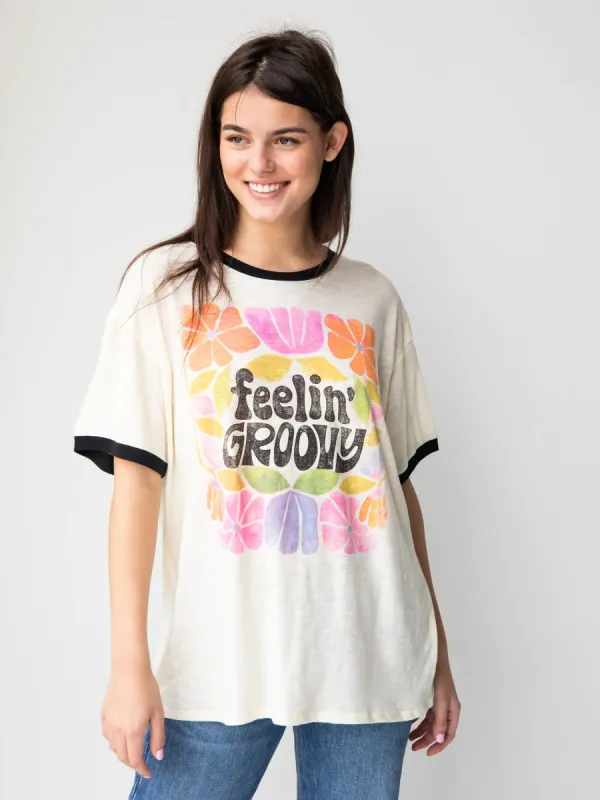 Ringer Oversized Tee Shirt - Feelin' Groovy sold by NATURAL LIFE